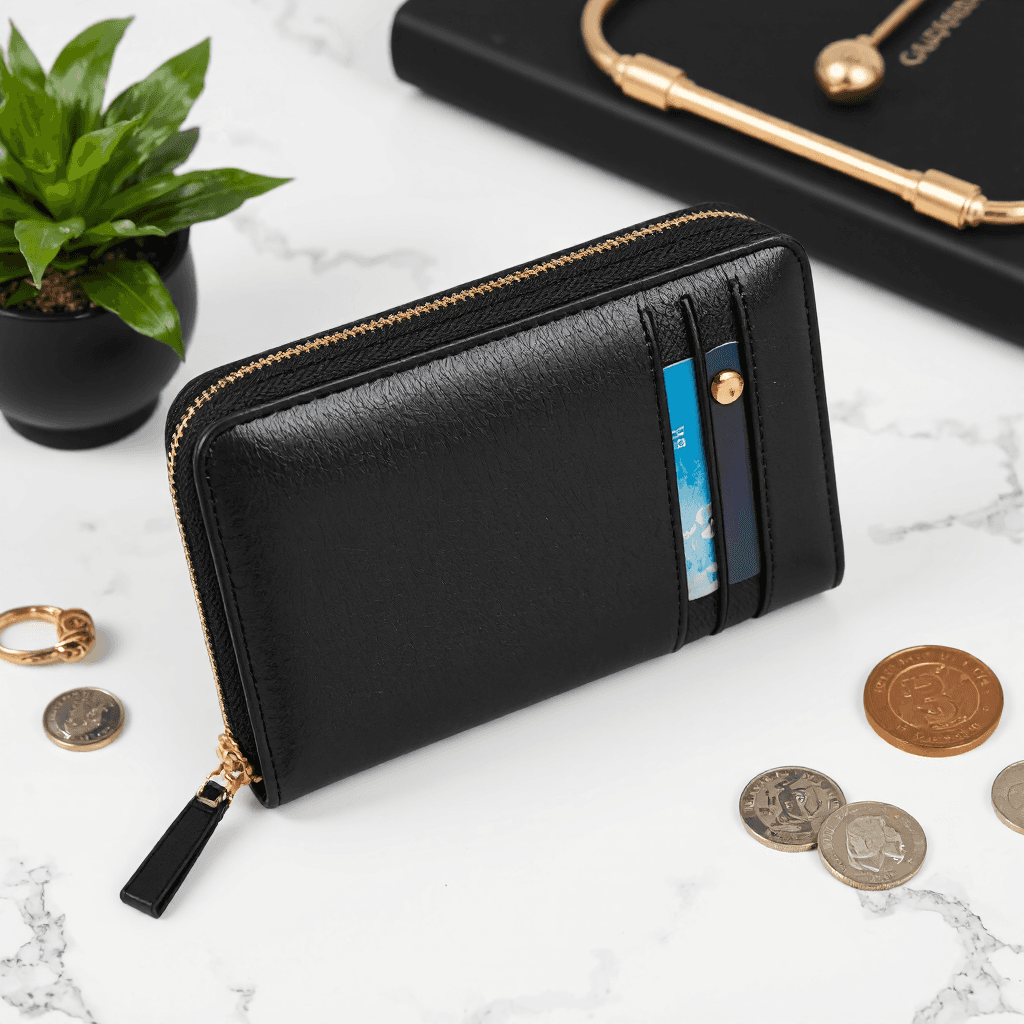 product photography of zip-around wallet