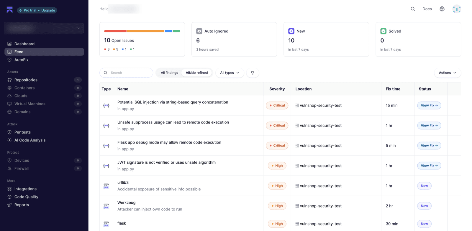 Aikido Security dashboard Feed view showing 10 open issues on a test repository, with detected SQL injection, remote code execution, and JWT vulnerabilities listed by severity, fix time, and status