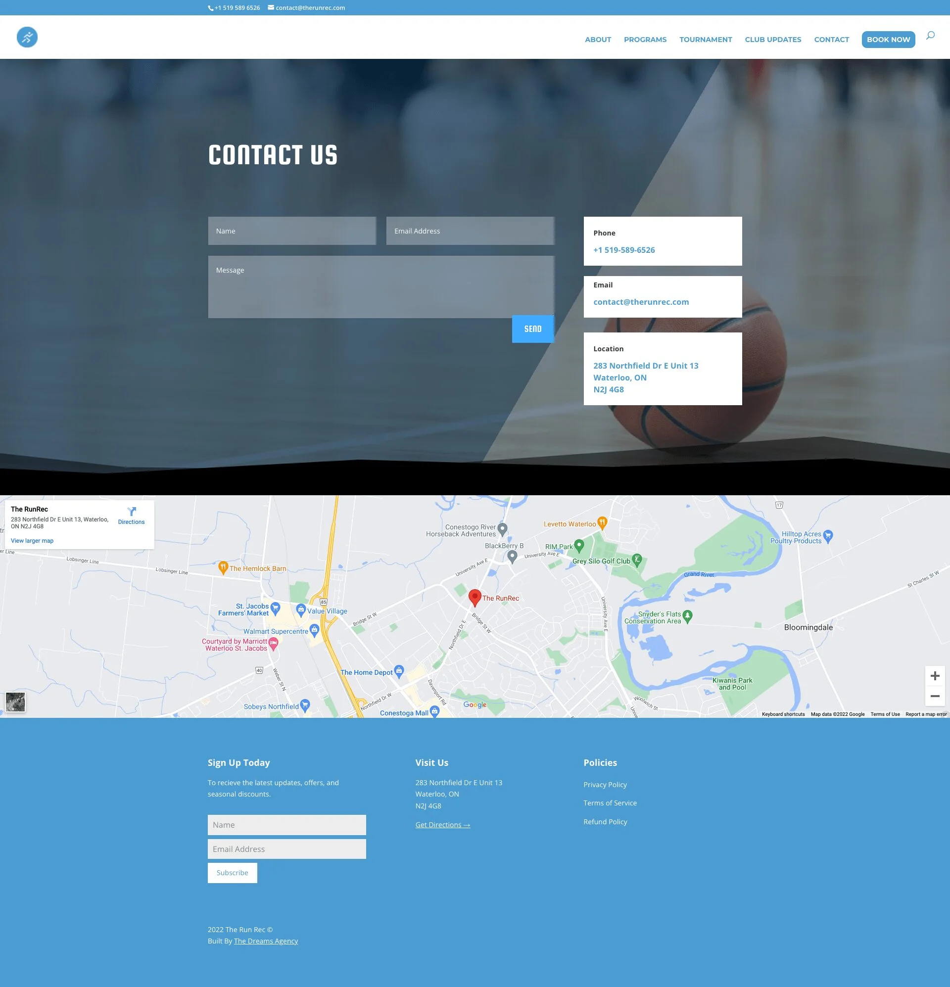 contact us page for therunrec website developed & designed by Dreams Agency Mississauga, Ontario