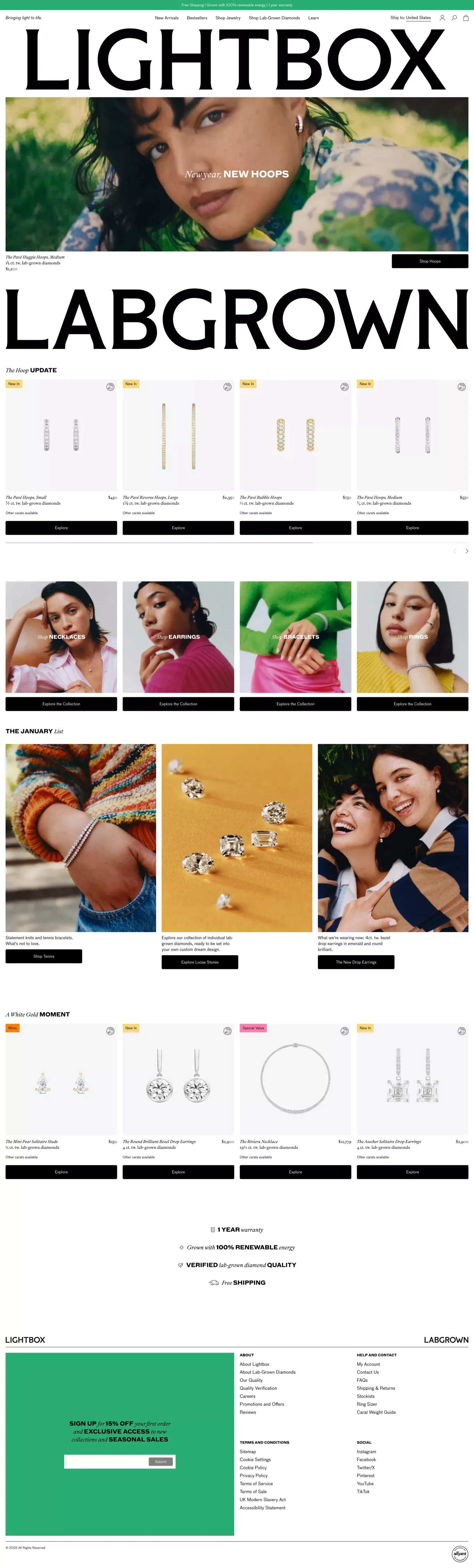 Lightbox - Lab-grown diamond jewelry ecommerce page screenshot showcasing Ecommerce and Fashion design