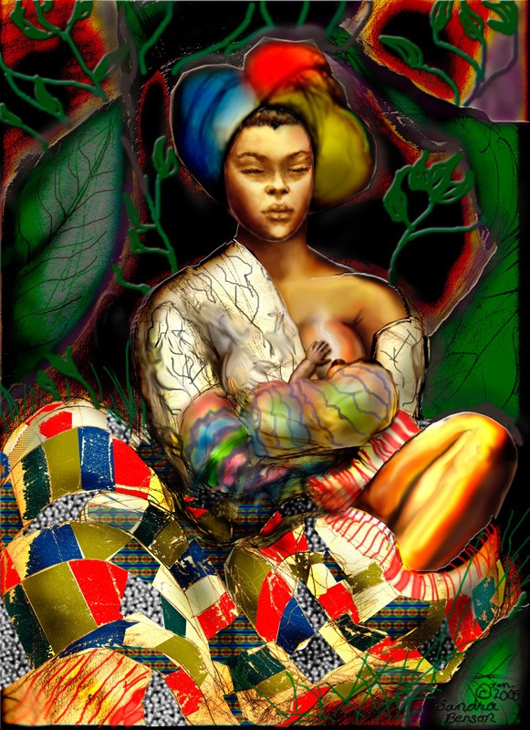 2.	Black Madonna- “For unto you is born this day in the city of David a Savior, who is Christ the Lord. Luke 2:11” •	This painting was created from a dream while I was in Graduate School. I believe it signals newbirth. It also explores the African American Experience as it relates to slavery and the monstrous effects of slavery on the American experience.