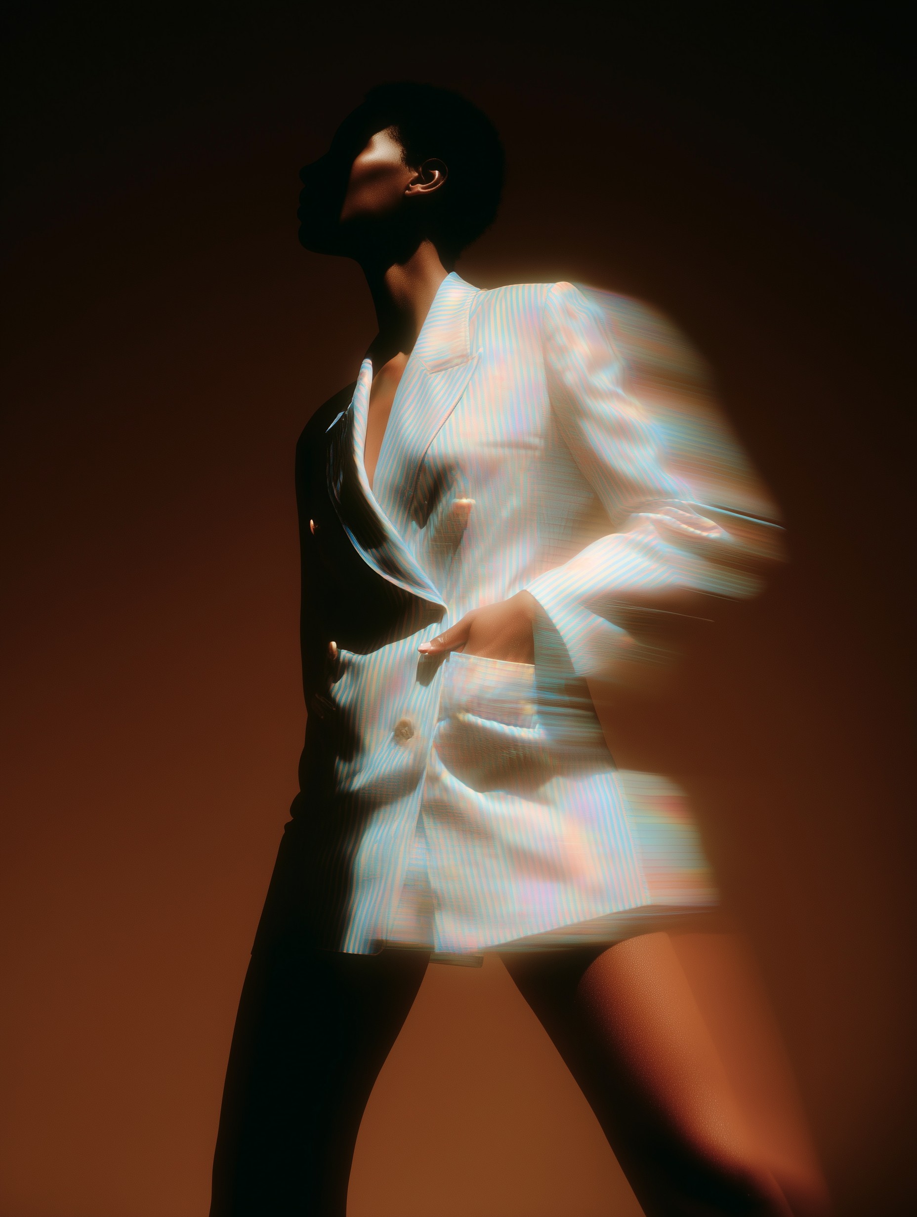 Woman in glowing white shirt with motion blur effect