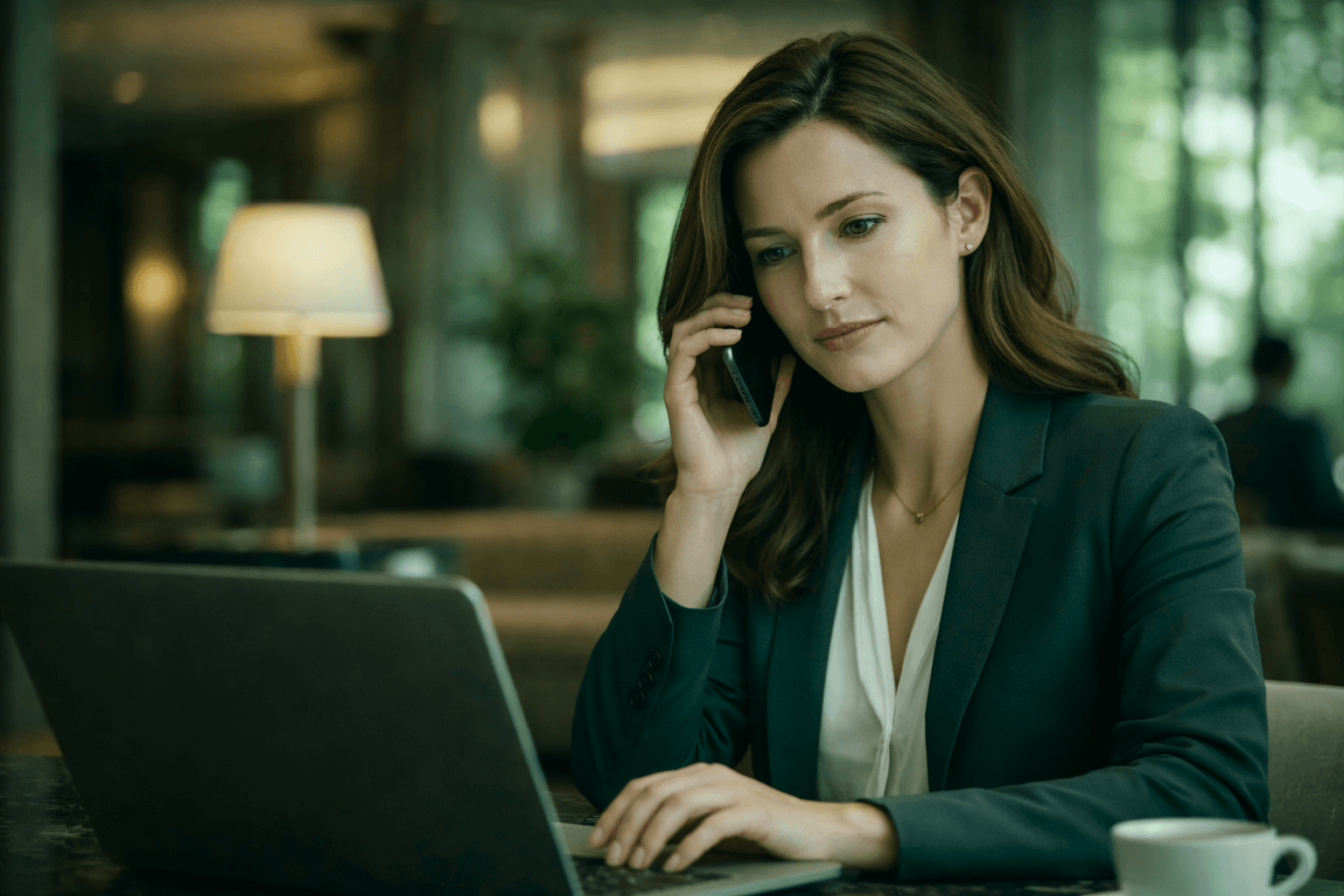 Travel agent coordinating bookings and itineraries from a professional workspace