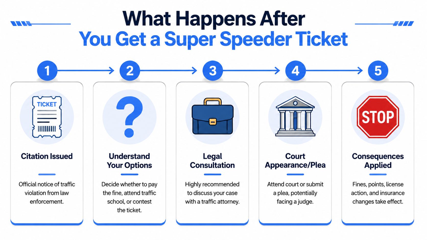 A five-step infographic showing the legal process after receiving a super speeder ticket in Florida.
