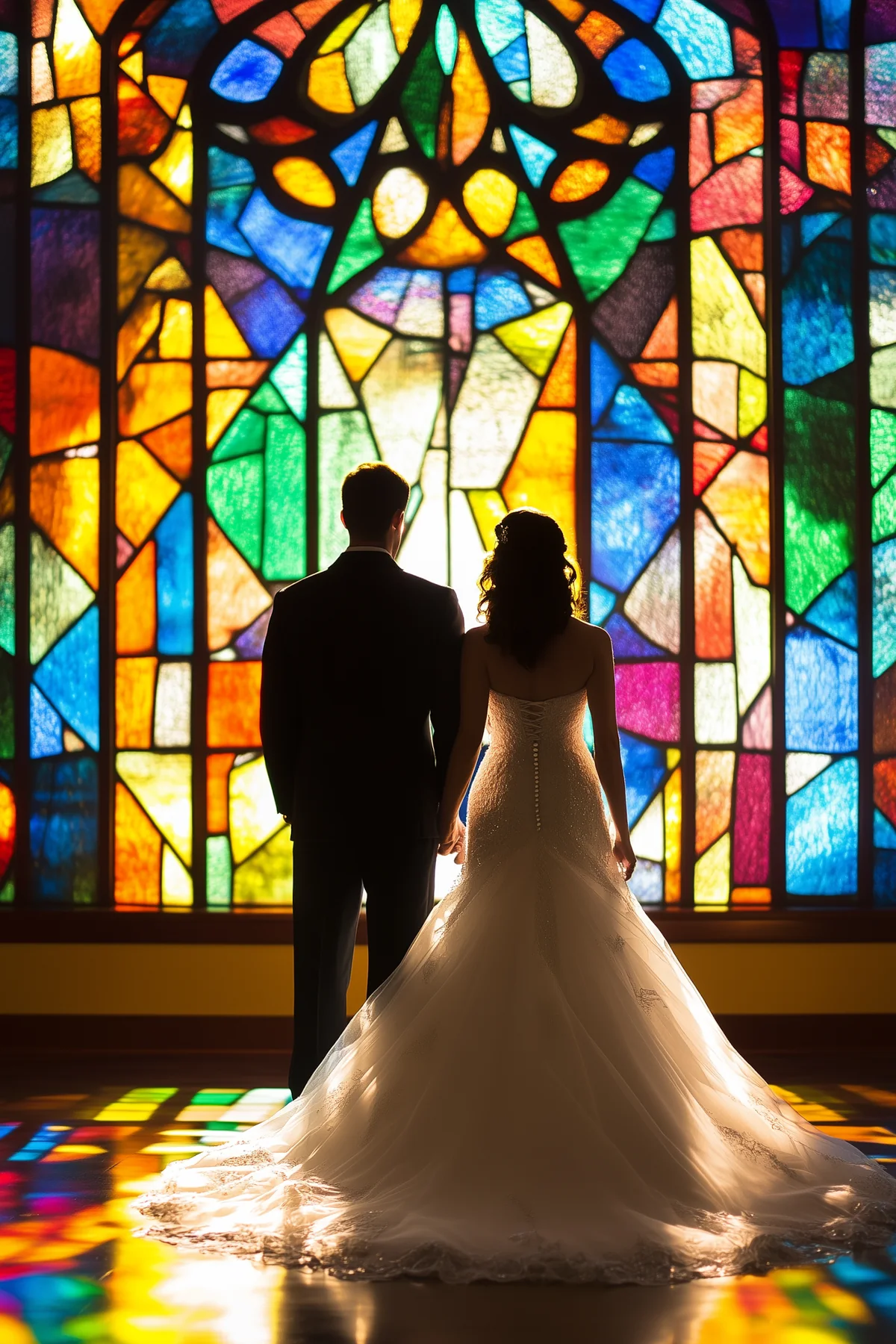 Clara and Mateo in front of a stained-glass window