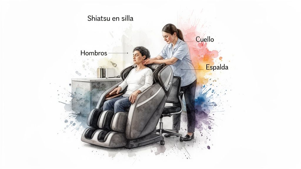 Ilustración de una mujer recibiendo un masaje shiatsu en silla, con etiquetas para hombros, cuello y espalda.