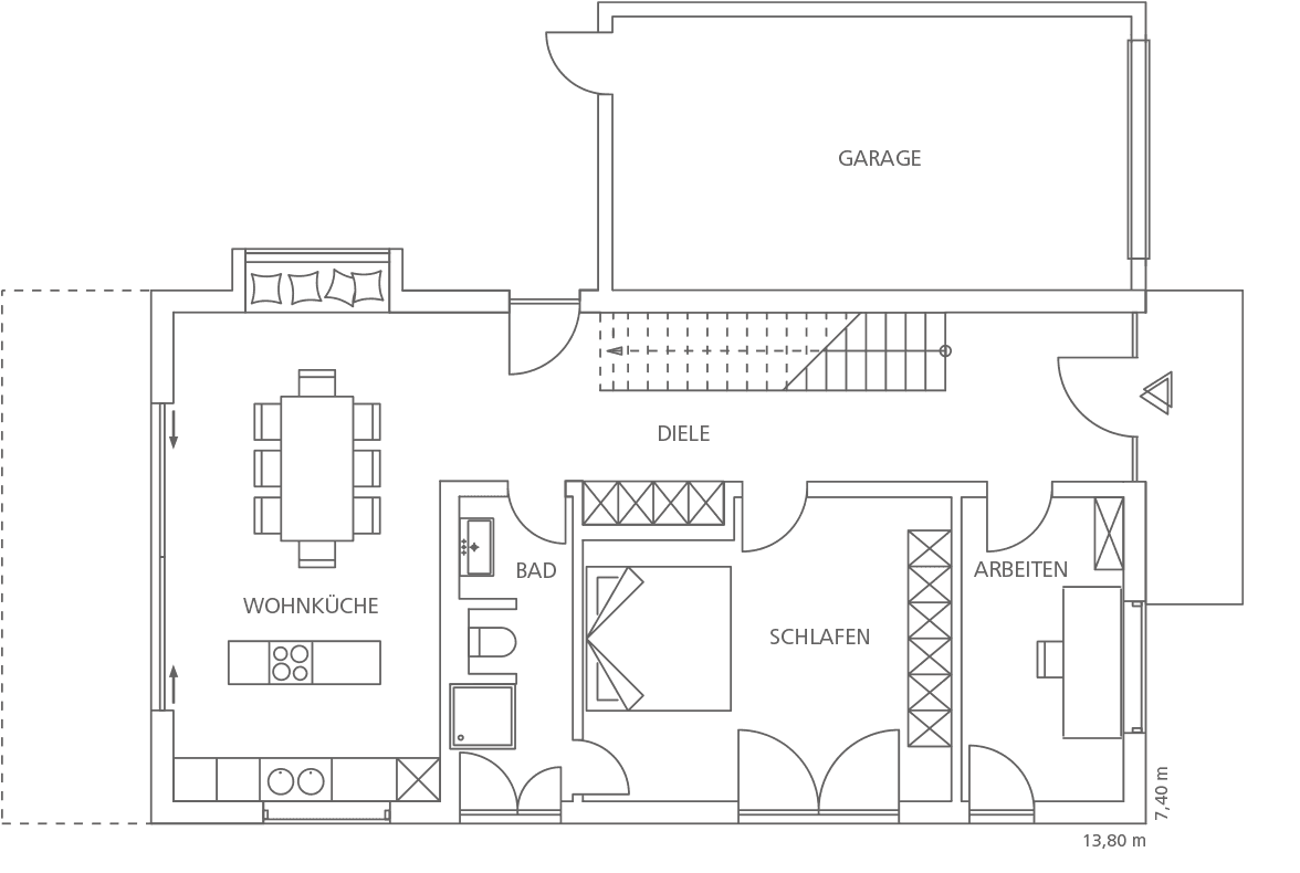 Grundriss eines Hauses mit Wohnküche, Essbereich, Bad, Schlafzimmer, Arbeitszimmer und Garage.