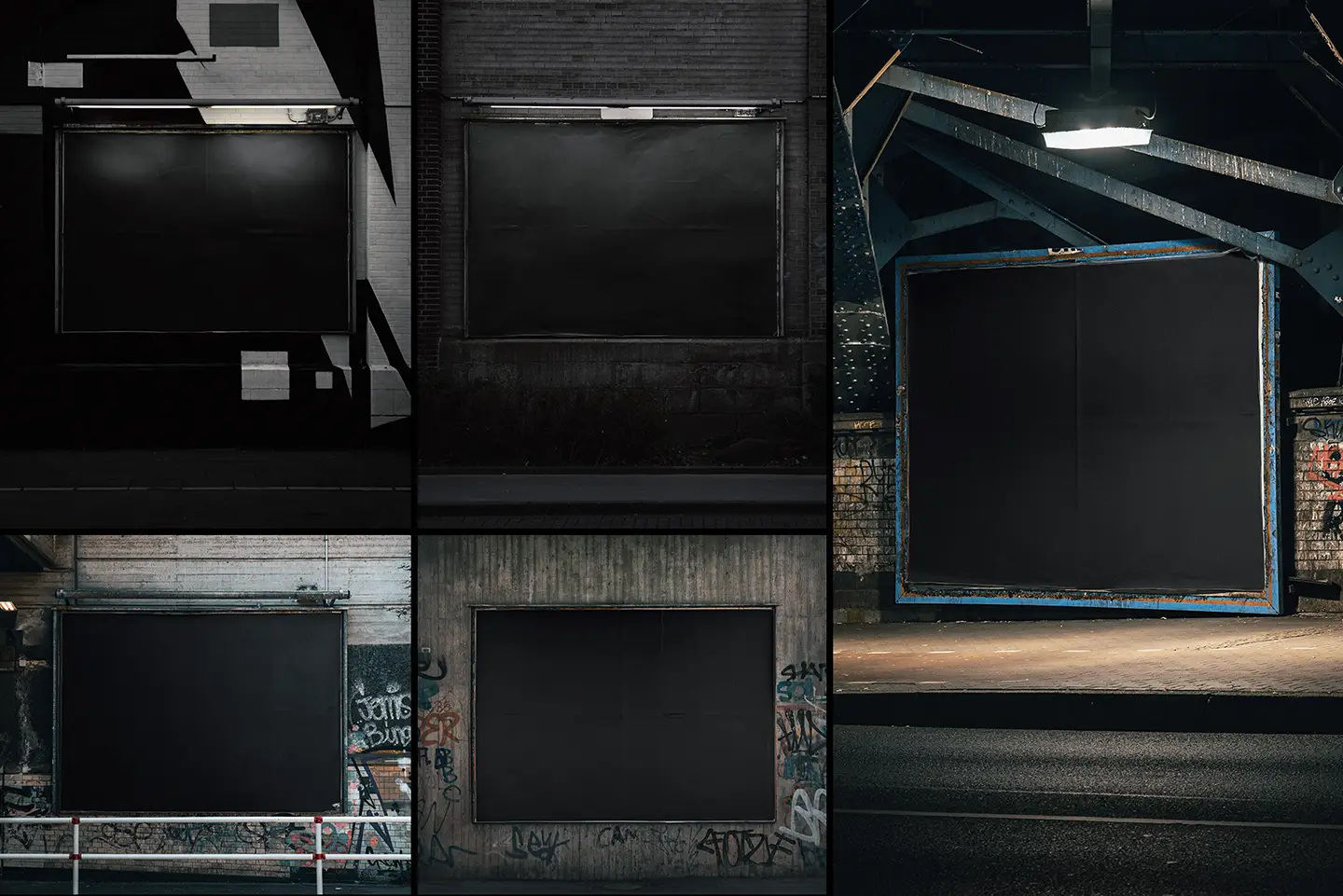Urban billboard mockup bundle overview showing five billboard scenes in different environments