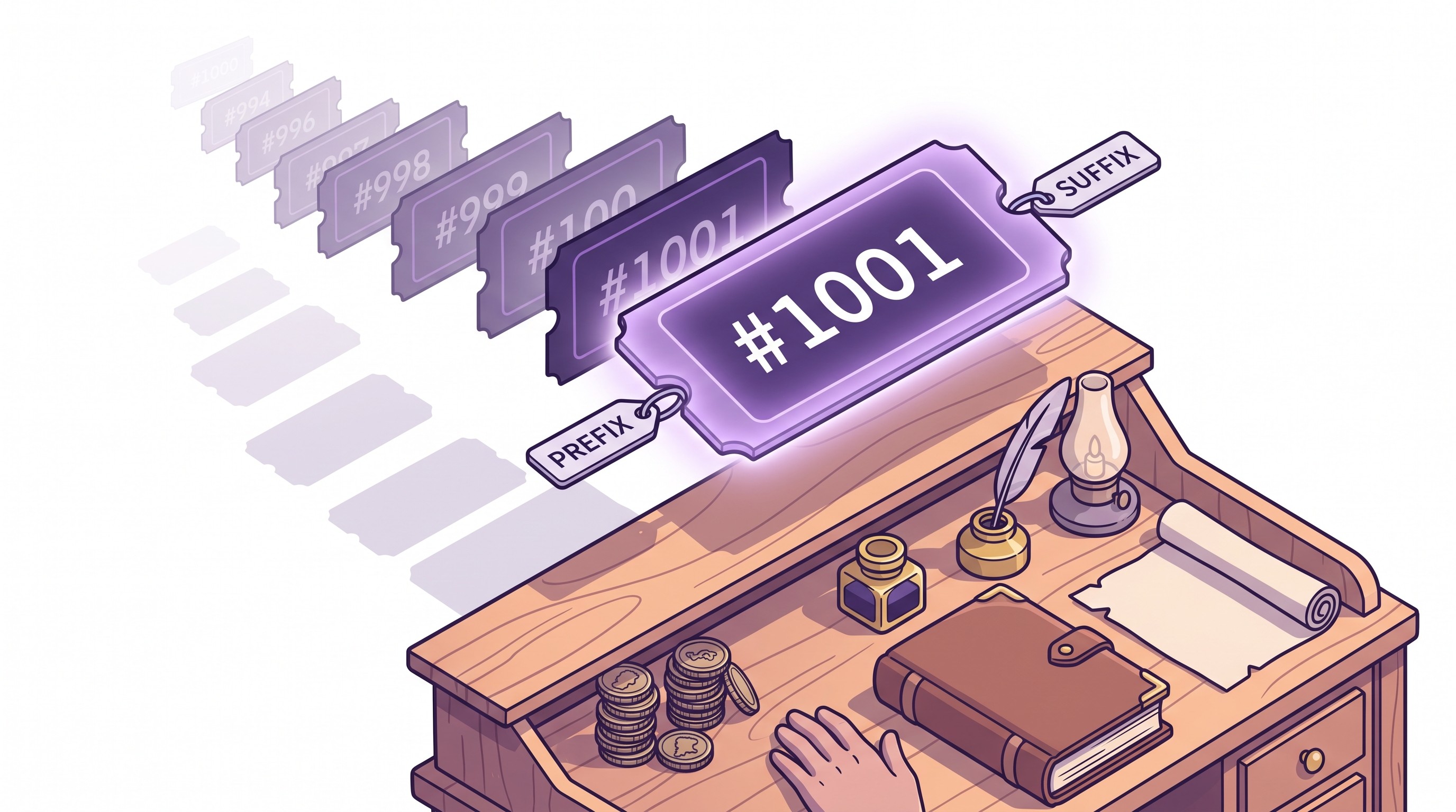Shopify order number ticket #1001 shown on a floating order card with prefix and suffix labels