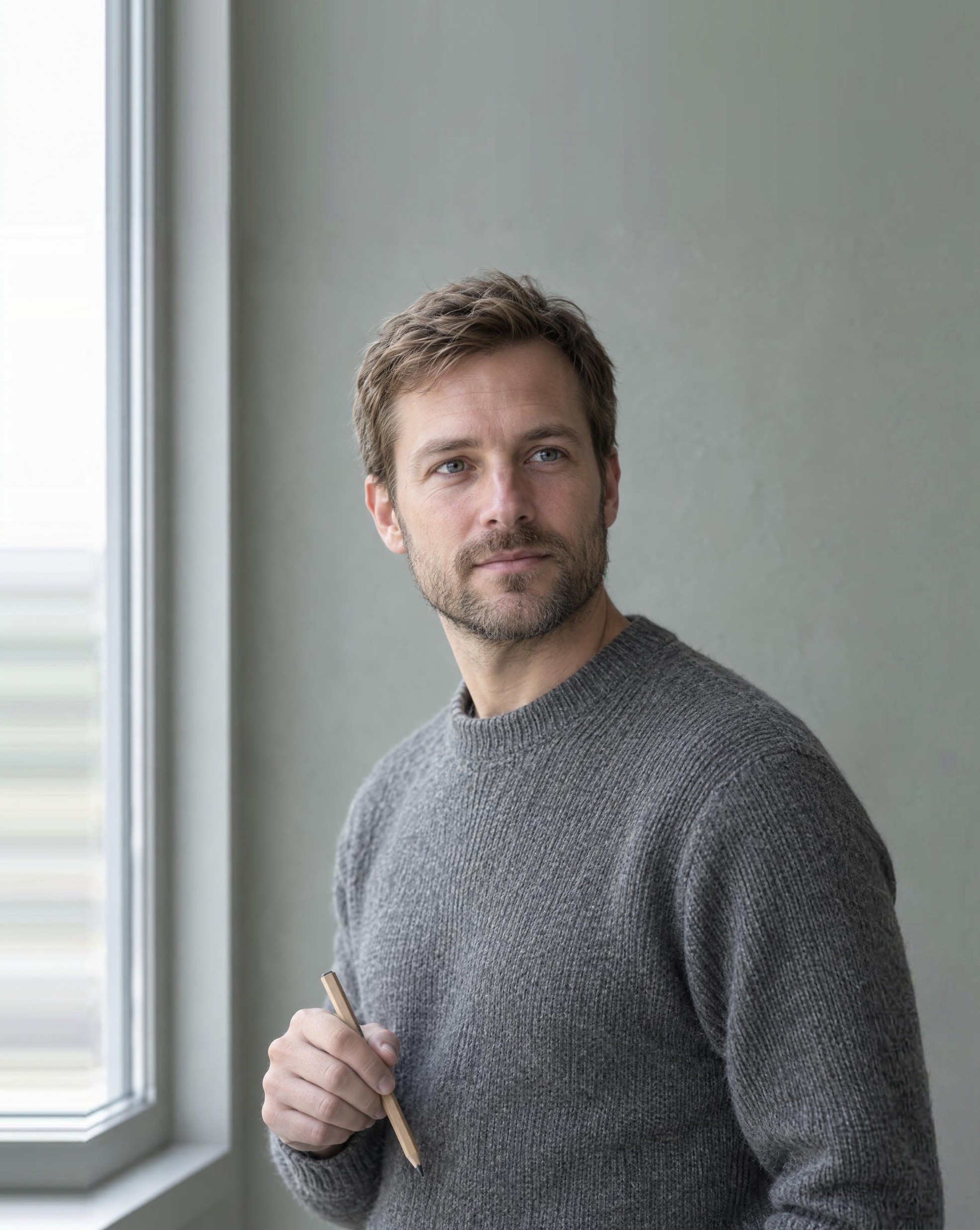 Theo Lindqvist, designer, holding a carpenter pencil by a window