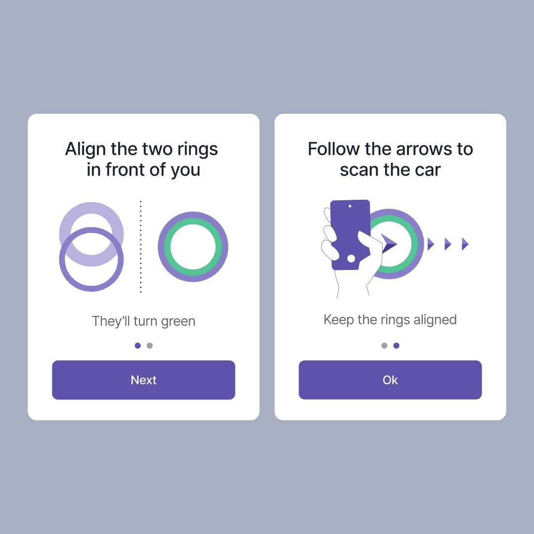 Two onboarding instruction cards side by side: the first explaining how to align two rings until they turn green, and the second showing how to follow arrows along the vehicle while keeping the rings aligned.