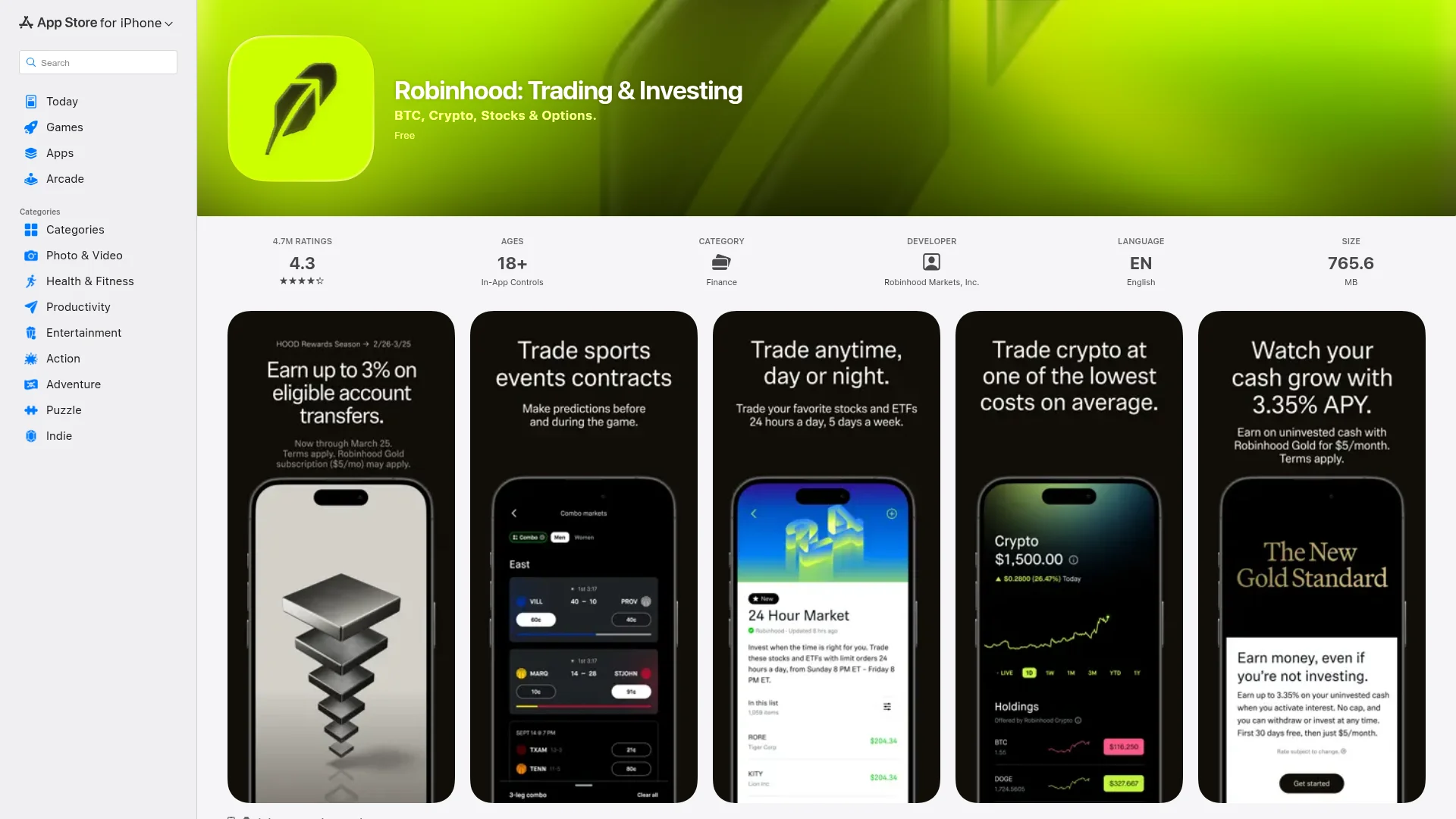 Robinhood investing app listing on the Apple App Store showing stock trading features and ratings.