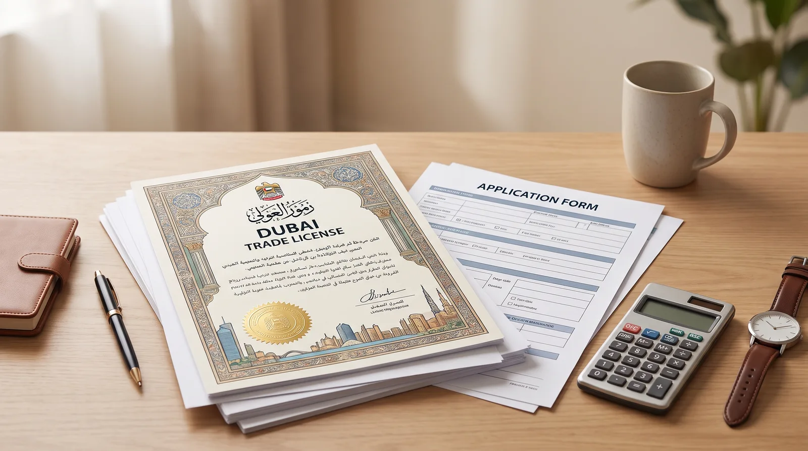 Documents to Have Ready on Application Day in Dubai beside an itemised cost breakdown, calculator and dirham notes