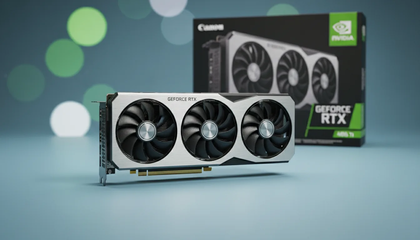 DSLR photography of an NVIDIA GeForce RTX 4060 Ti graphics card sitting on a light blue surface, captured with soft studio lighting. The hardware is in sharp focus, showcasing its matte black and silver metallic textures. In the background, the product's original black retail box is visible, creating a shallow depth of field with a soft bokeh effect.