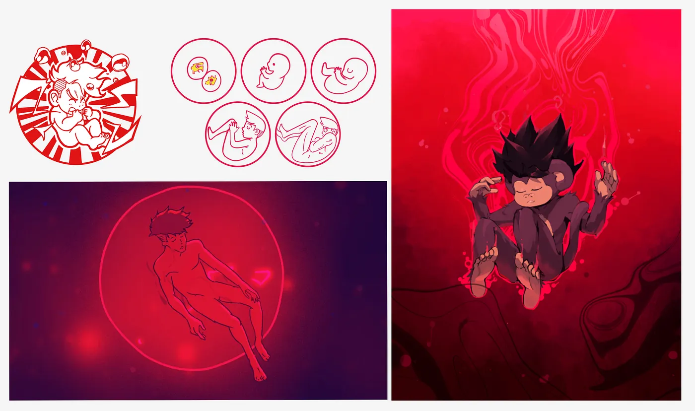 Left: Final Bosu extensive world building as reference. Right: Chimpers art, illustrated by&nbsp;Kem Tao