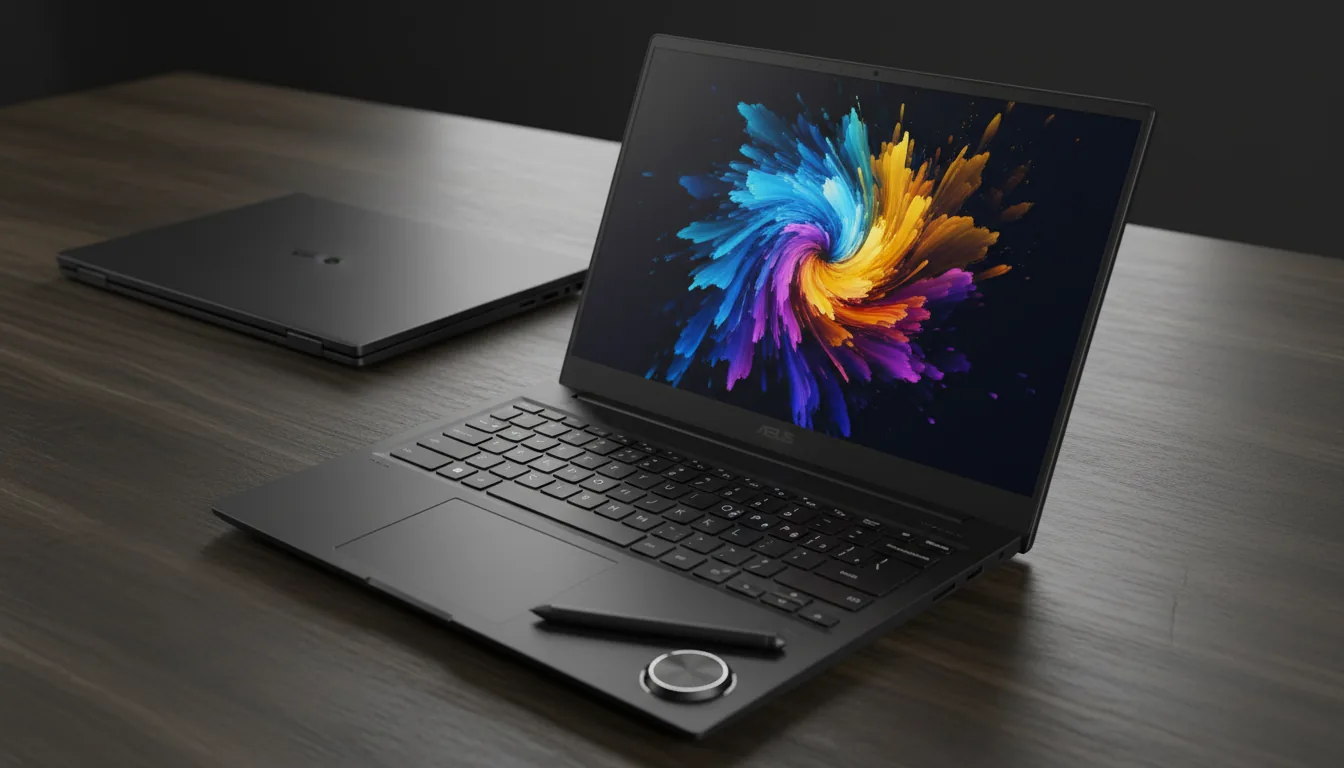 Professional product photography, a sleek matte black ASUS ProArt creator laptop is open on a dark wood-textured surface, its screen glowing with a vibrant, colorful abstract wallpaper. A black stylus rests on the chassis next to a unique physical control dial. In the background, a second identical laptop is closed. Soft studio lighting creates a premium, moody atmosphere. High-angle DSLR shot with sharp focus on the hardware.