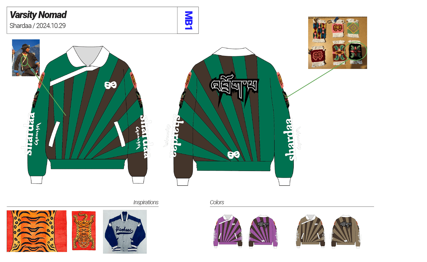 Technical design sheet for the Shardaa 'Varsity Nomad' jacket, showing graphic details, cultural inspiration, and color variations.