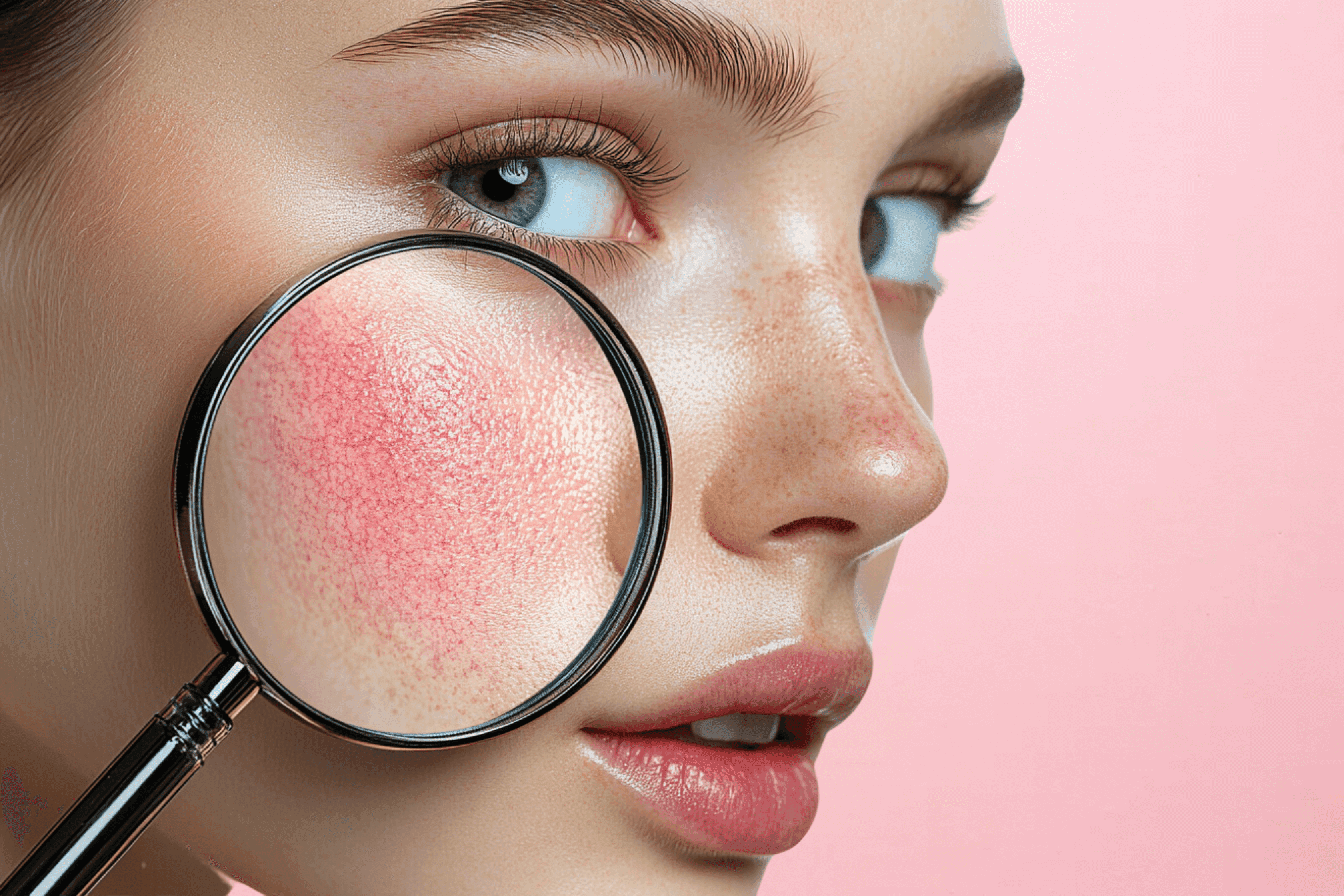 Zdjęcie twarzy młodej kobiety z powiększeniem, pokazujące rumień i poszerzone naczynia krwionośne.