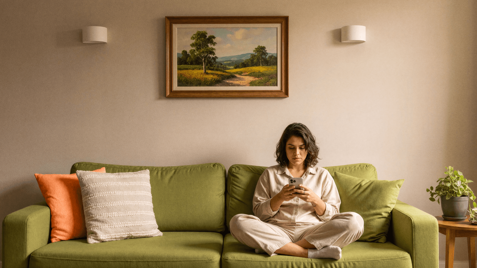 Mulher sentada de pernas cruzadas em um sofá verde, concentrada no celular ao ler uma notificação da Tivita relacionada a confirmação de atendimento e cobrança em clínicas.