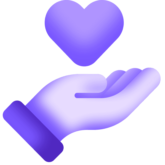 Large icon of an open hand, with a heart floating above it, monochromatic in shades of purple.
