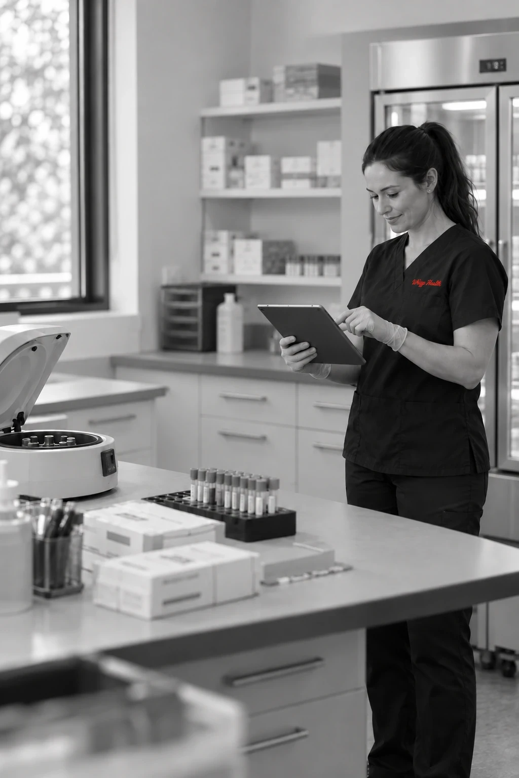 Research coordinator logging a sample at a clean research workstation