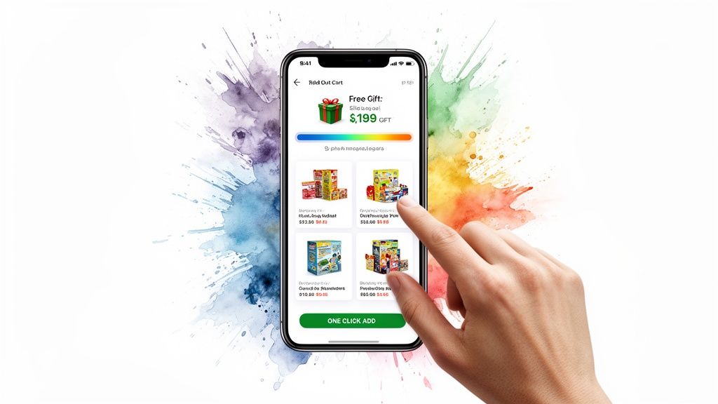 A hand scrolls through a smartphone app displaying products and a free gift offer with a colorful background.
