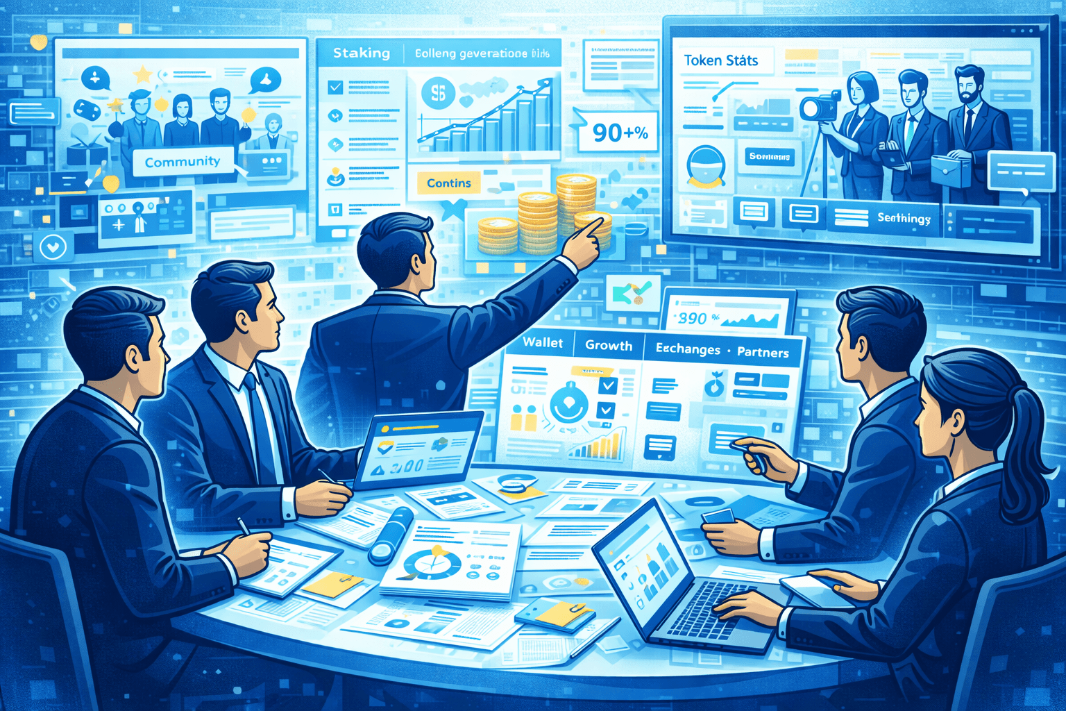 Illustration shows a team of the Web3 project that is working on post-TGE marketing tactis to ensure that their token would achieve a sustainable growth