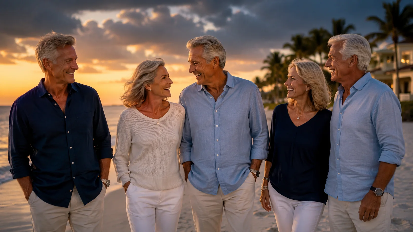 Multi-generational family walking on the beach at sunset in Naples, Florida — regenerative medicine patient lifestyle, Florida Orthopedic & Spine Institute