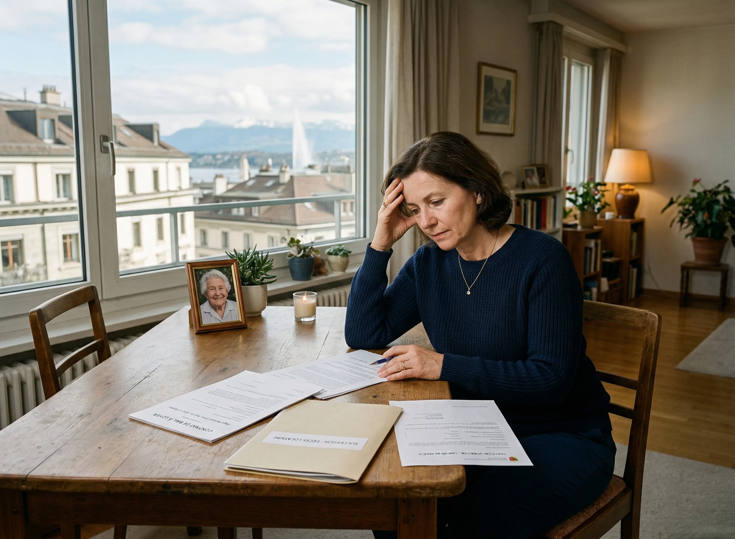 Une femme d'âge moyen inquiète assise à une table en bois, gérant des documents administratifs après un décès. Devant elle, une photo encadrée d'une femme âgée souriante et une bougie allumée. Une grande fenêtre en arrière-plan montre une vue de Genève avec un lac et des montagnes.
