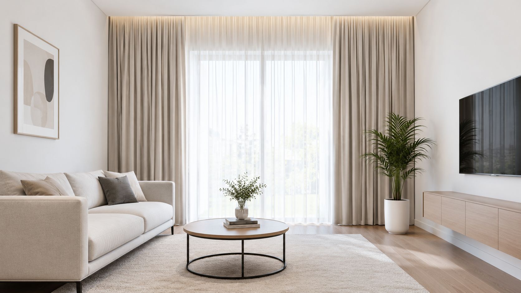 A modern, minimalist living room featuring a cozy sofa, coffee table, and elegant beige curtains hanging floor to ceiling.