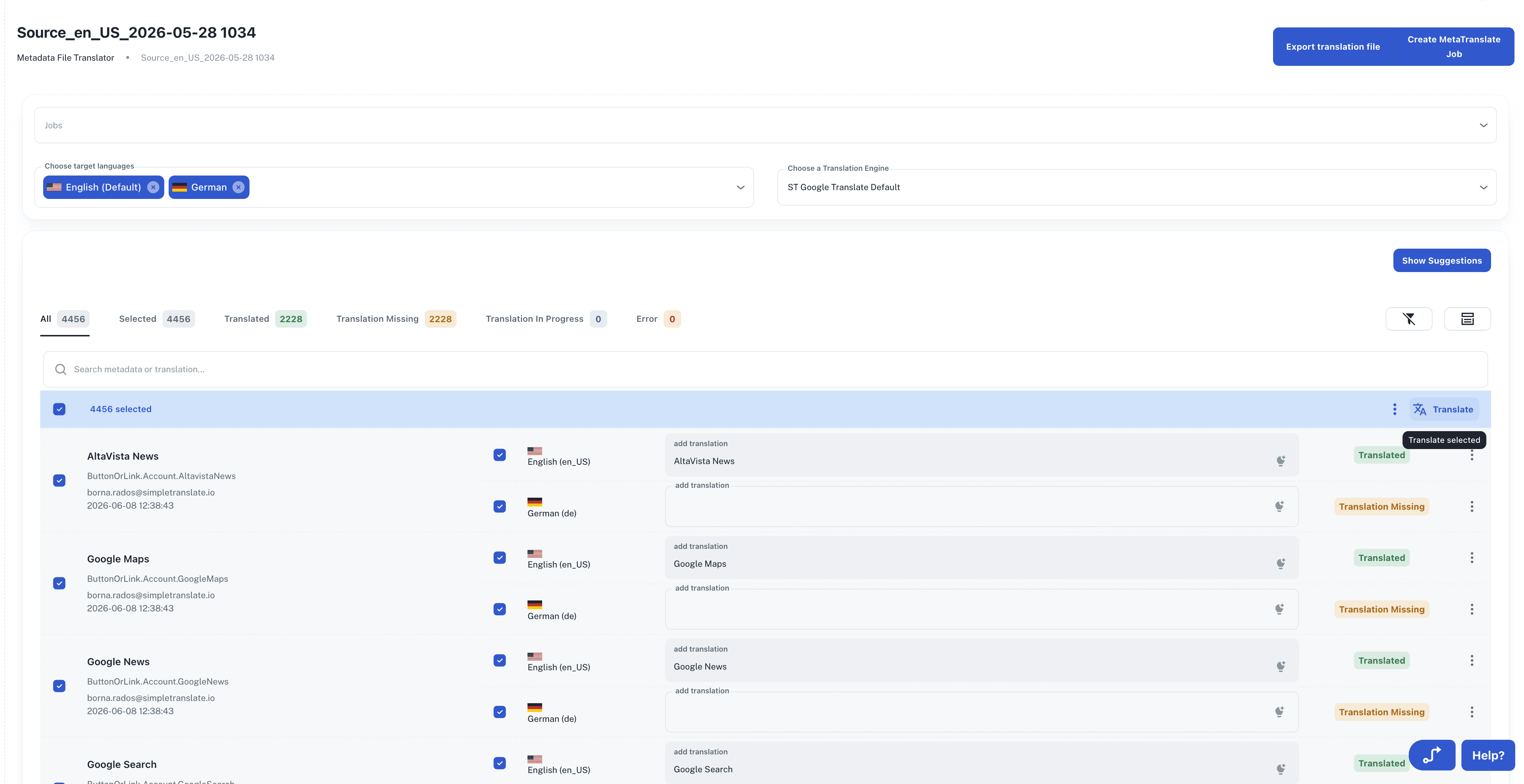 SimpleTranslate bulk translation view for Salesforce XLIFF entries