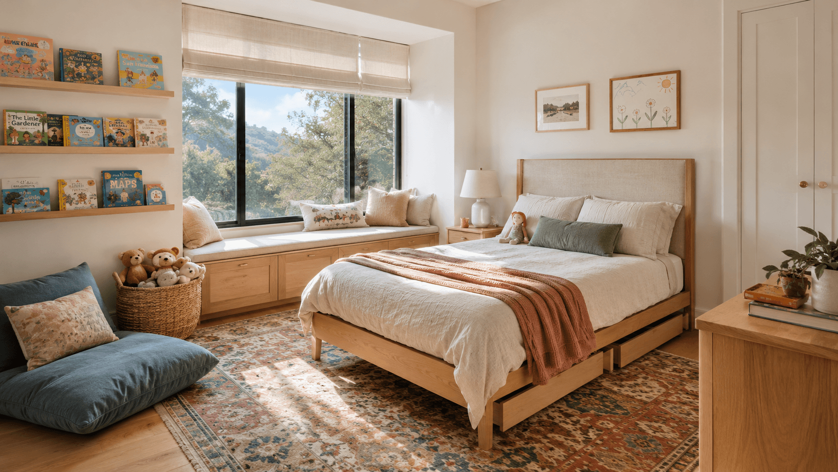 Fun cozy bedroom with natural light, wooden bed frame, neutral bedding, children’s books on a shelf, wicker basket, and a blue pillow chair. Modern Colorful Scandinavian interior design inspiration.