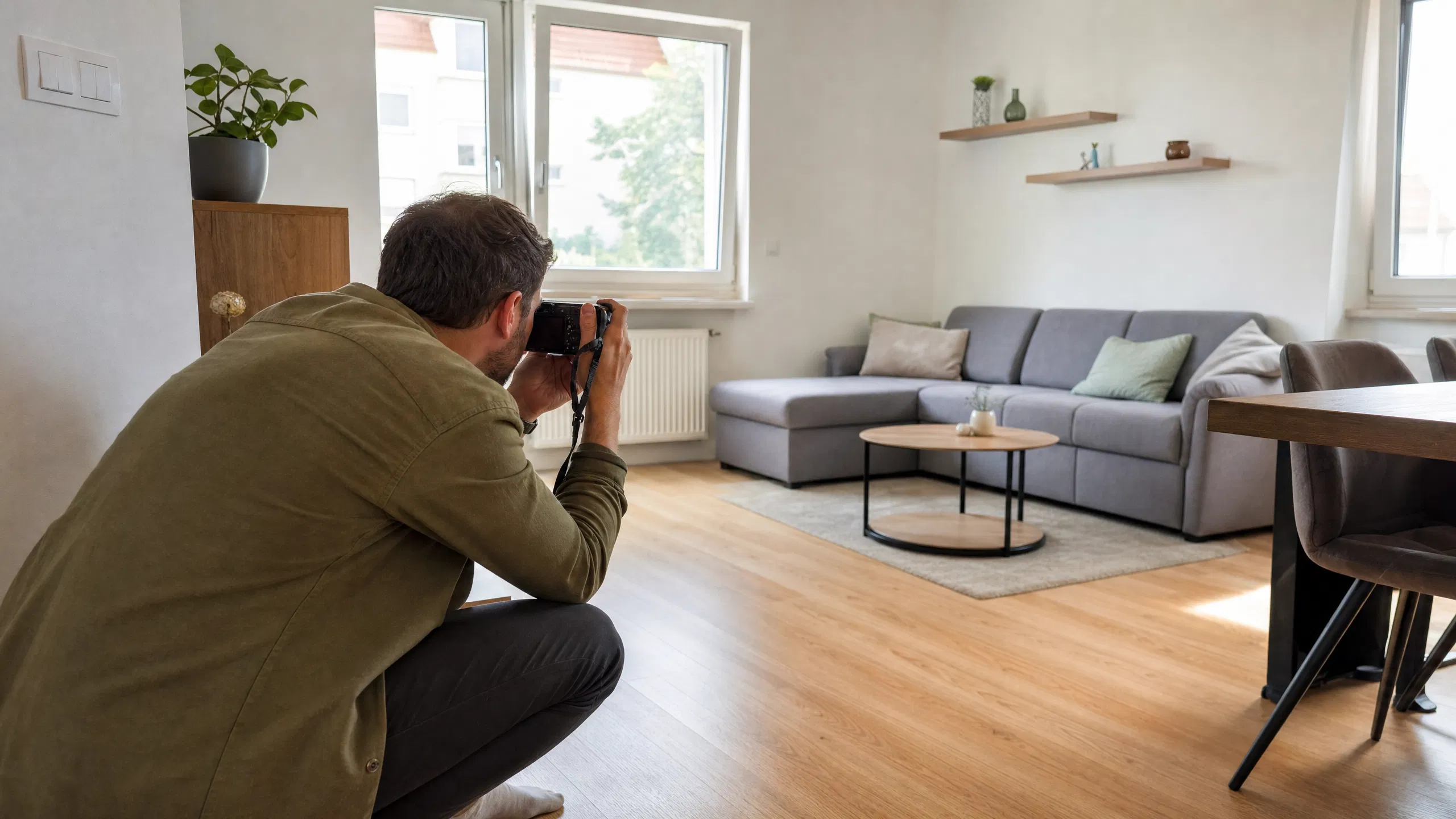 Ein Mann hockt in der Ecke eines hellen, ordentlich eingerichteten Wohnzimmers einer mitteleuropäischen Mietwohnung und fotografiert den Raum konzentriert mit einer Kamera.
