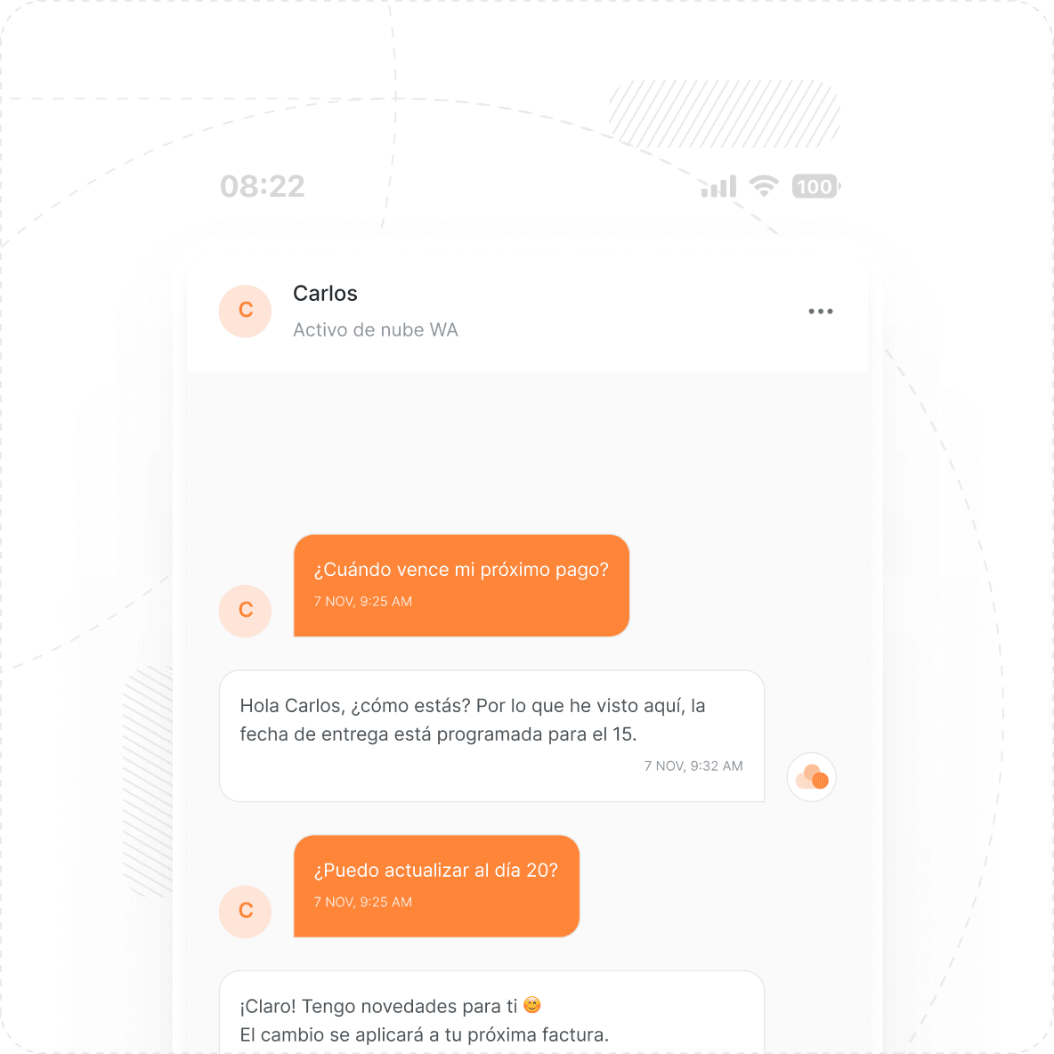 Atención automatizada de ClaudIA a través de WhatsApp sobre el vencimiento de pago.