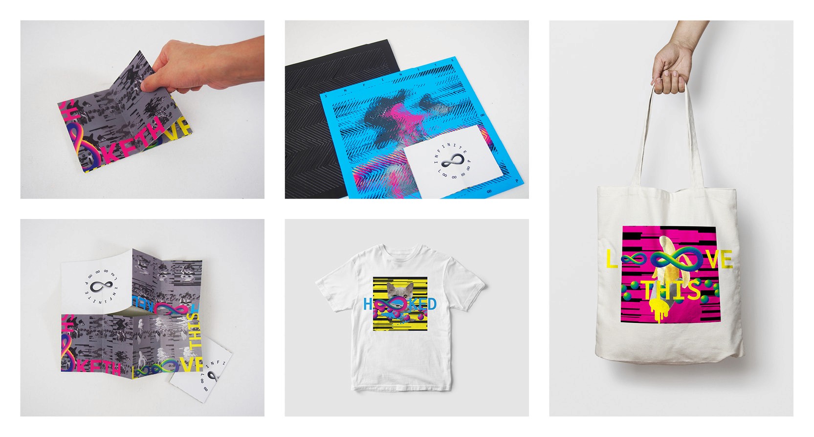 A set of colorful designs with a 3D infinite logo on them. The designs seem to be put on flyers, t-shirts, handbags and other items.