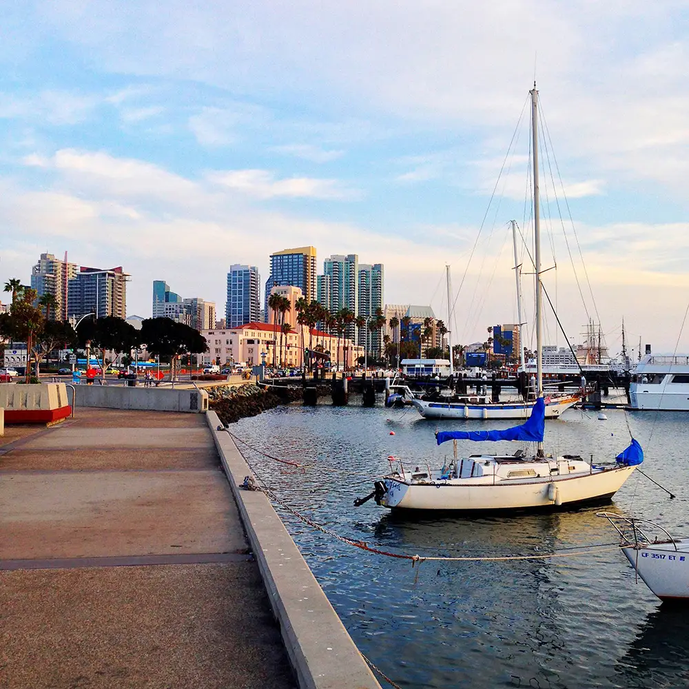 View of the San Diego waterfront with sailboats docked in the harbor and downtown skyline in the background, representing NewGen Restoration’s service area.