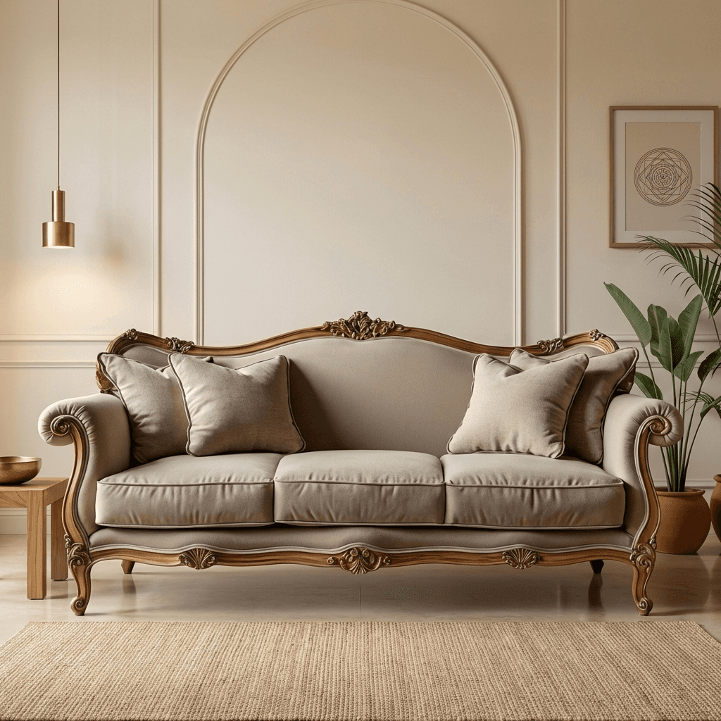 Elegant classic sofa featuring carved wood accents, layered cushions, and graceful curves