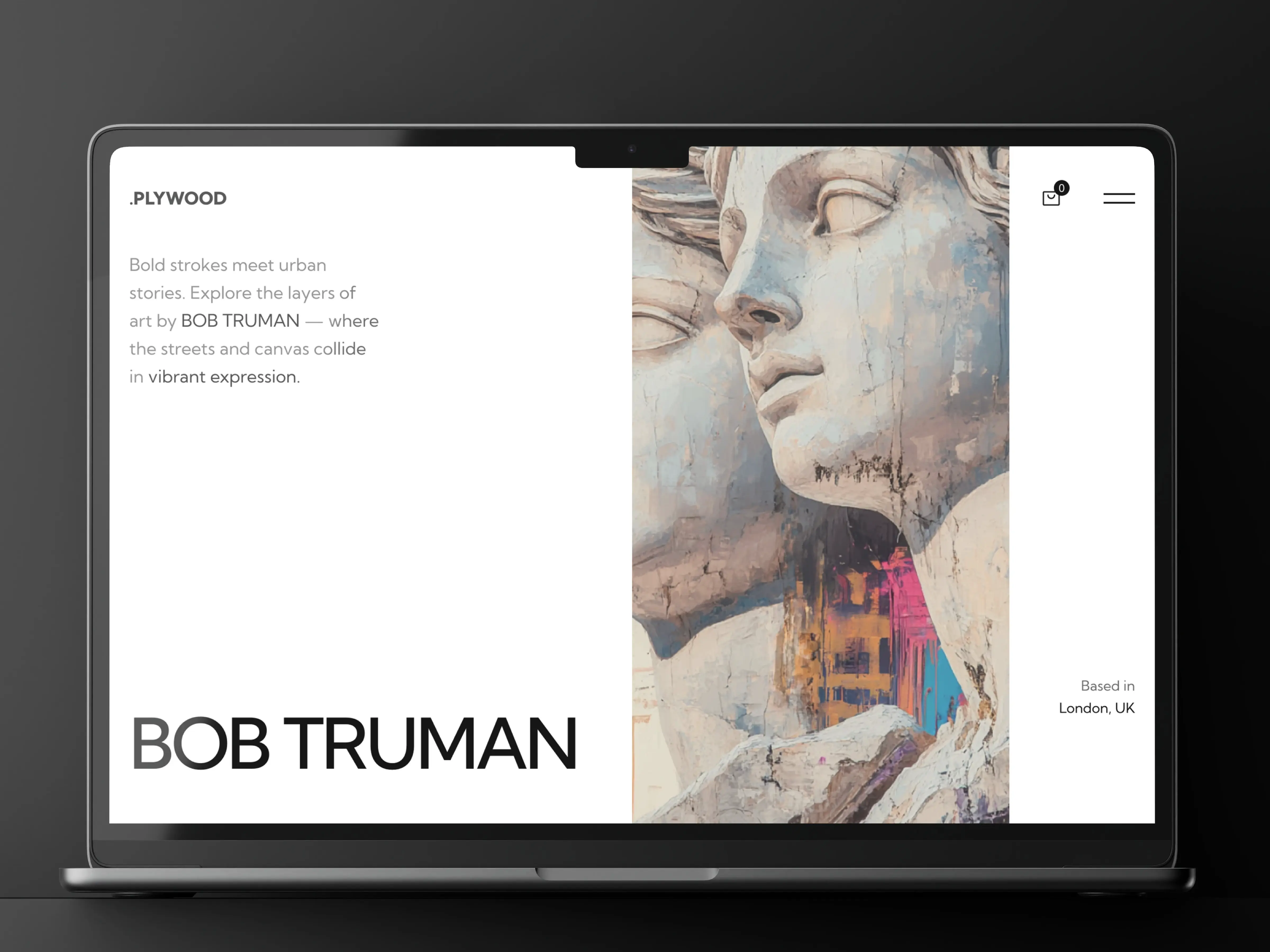 Plywood artist portfolio Framer template featuring contemporary artwork, bold typography, an editorial layout, and a minimalist gallery design.