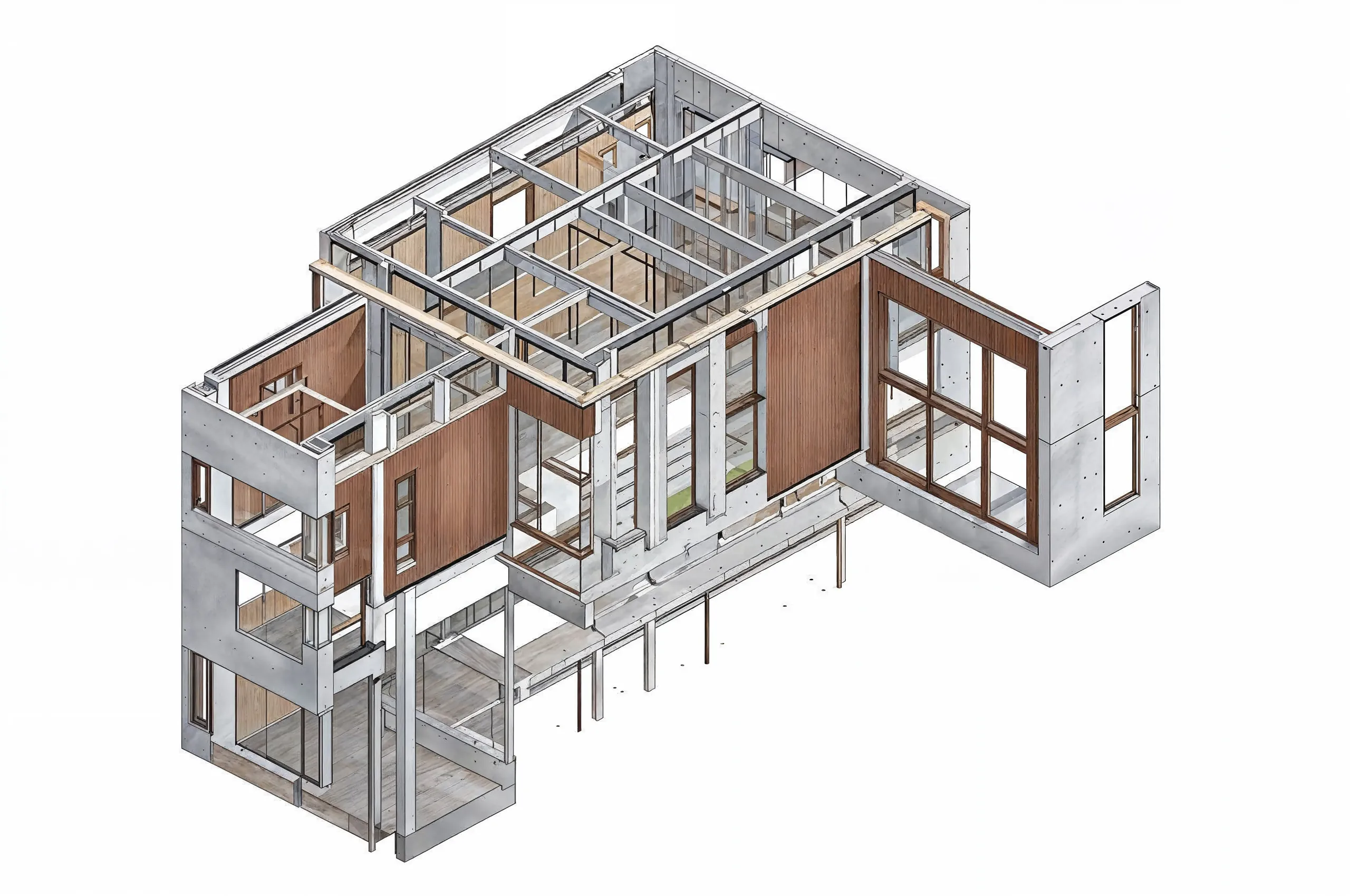 AI-generated 3D architectural visualization of a building structure created with MINIST.