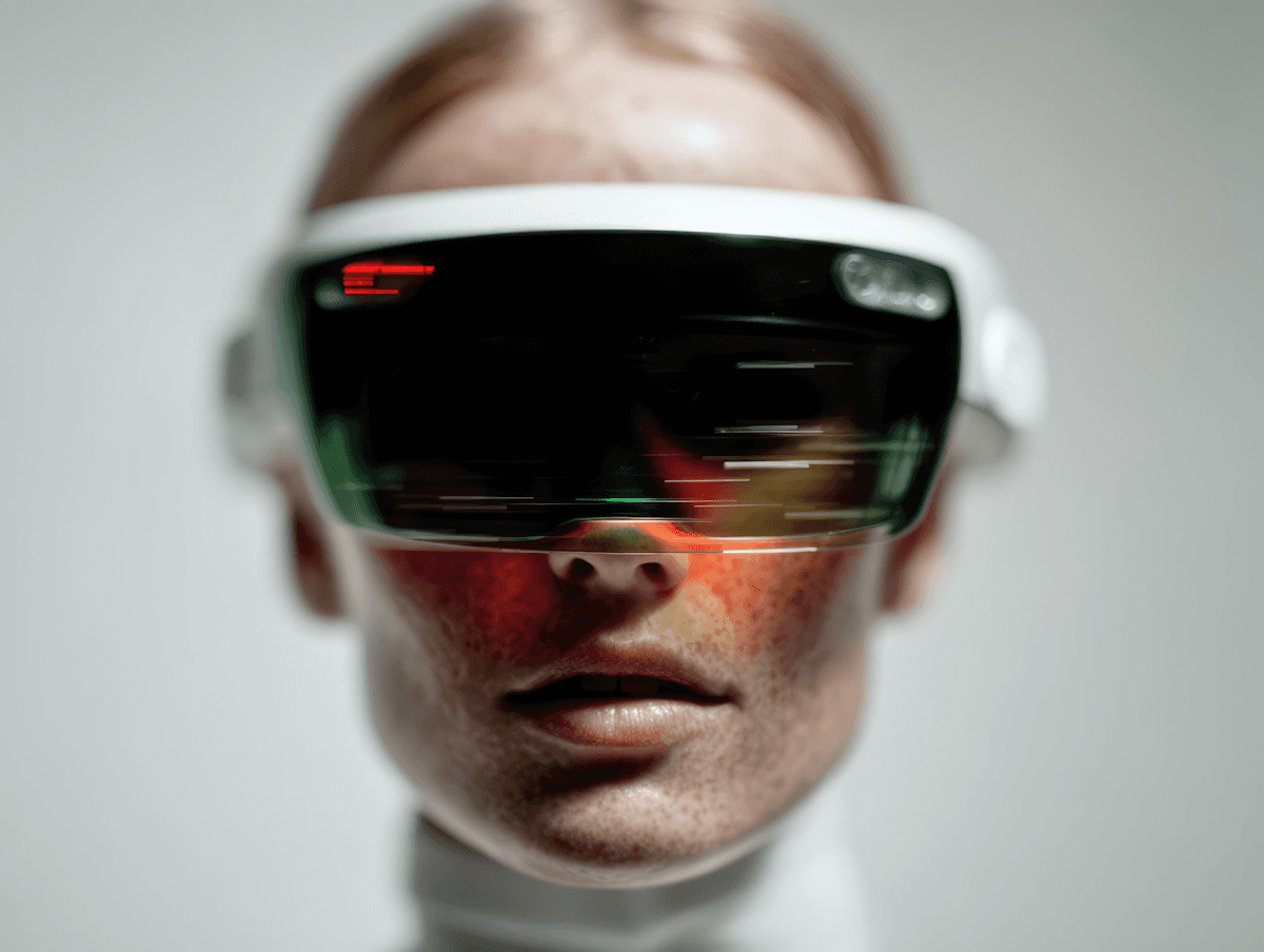 Close-up of a person wearing futuristic augmented reality glasses with a sleek design and digital patterns on the visor.