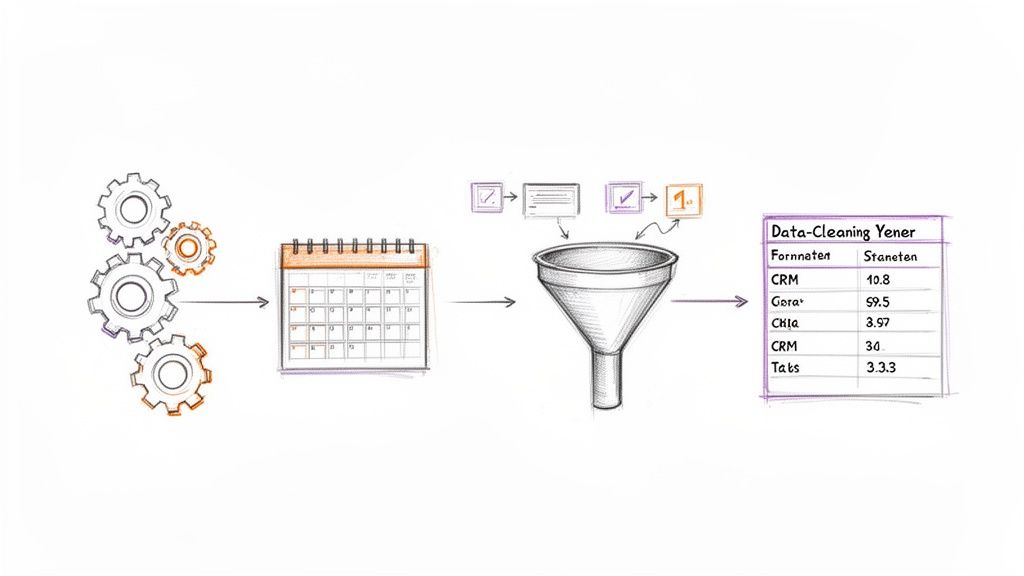 Workflow diagram illustrating data automation, collection, filtering, and cleaning processes into a results table.