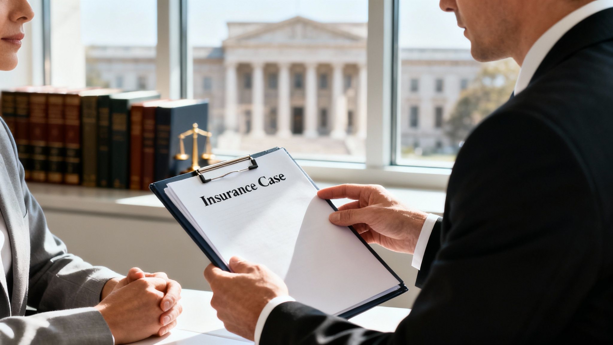 Lawyer and client reviewing an 'Insurance Case' document with a courthouse in the background.