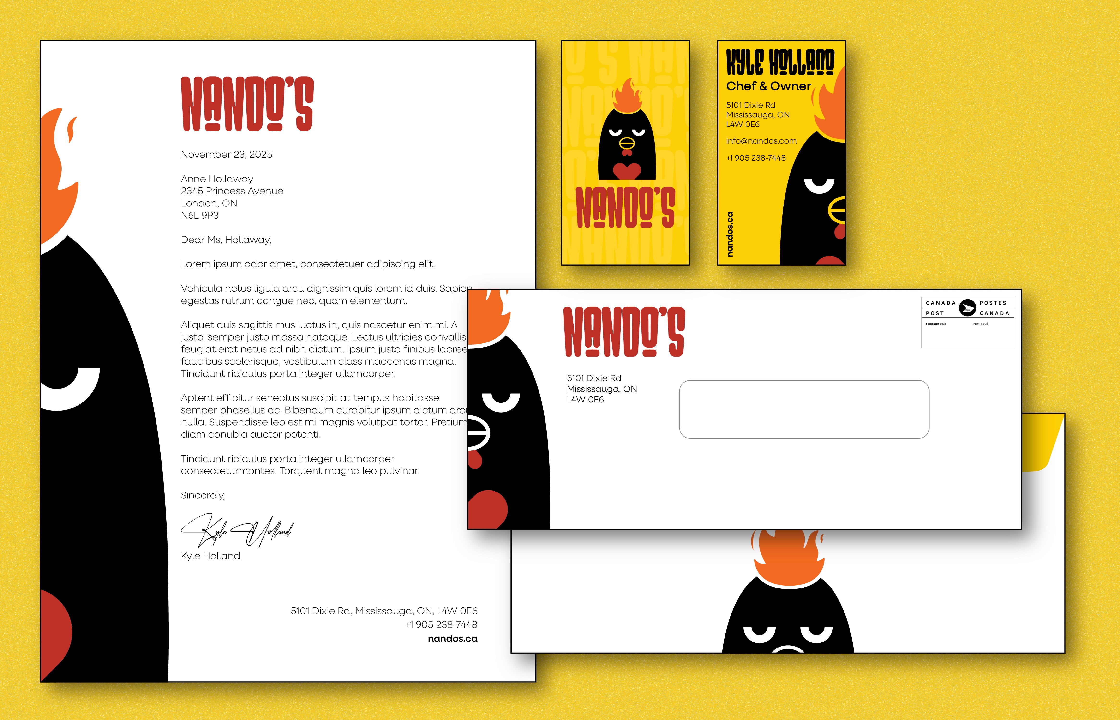 Flat Lay of the stationary items including a letterhead, business card (front and back) and envelope (front and back).