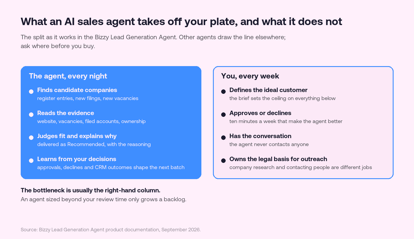 Two-column diagram. Left, what the Bizzy Lead Generation Agent does every night: finds candidate companies, reads the evidence, judges fit and explains why, learns from your decisions. Right, what stays with you every week: defining the ideal customer, approving or declining, having the conversation, owning the legal basis for outreach.