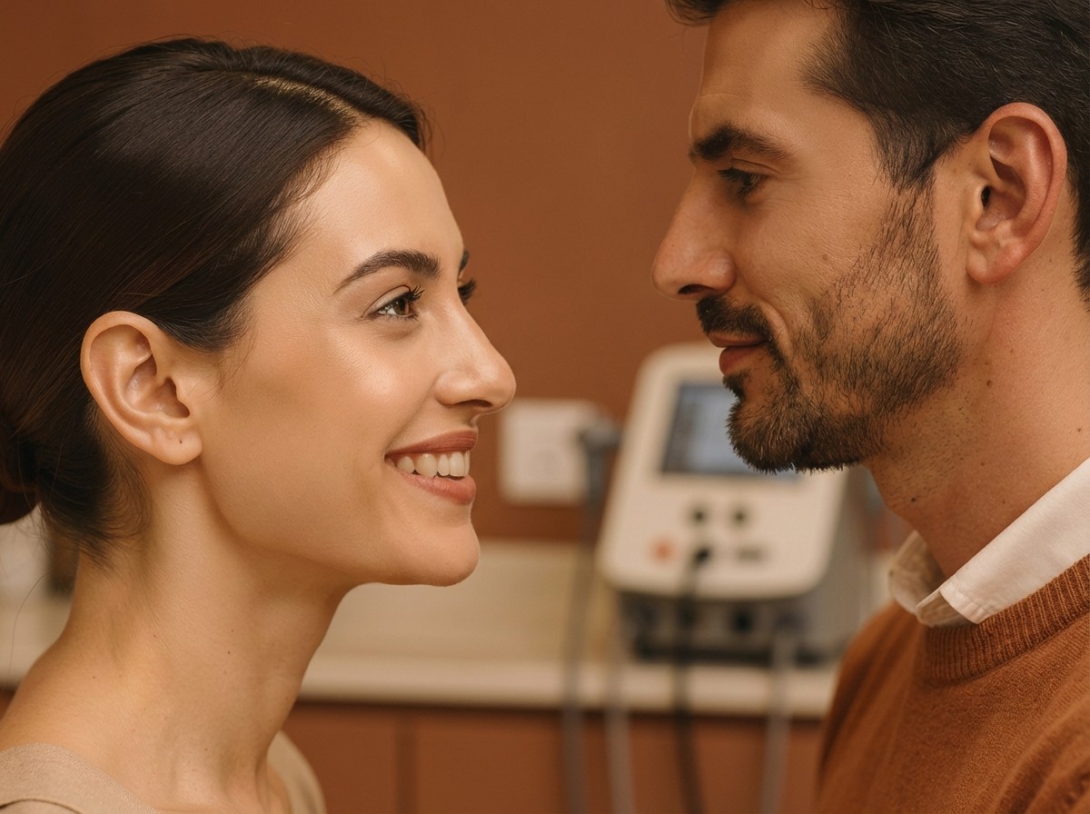 A stylist is doing a client's hair at the Camelia beauty salon. In one hand, they hold a hairdryer, and with the other hand, they adjust the hair.