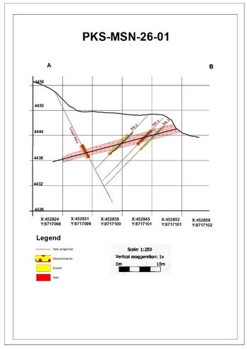 FIGURE 3 – Cross-Section: Madre Sierra Norte (PKS-MSN-26-01) - Cross-section through PKS-MSN-26-01 showing the Ag-Au-Cu structures and their relationship to the principal Pb-Zn-Ag vein system. (CNW Group/Titiminas Silver Inc)