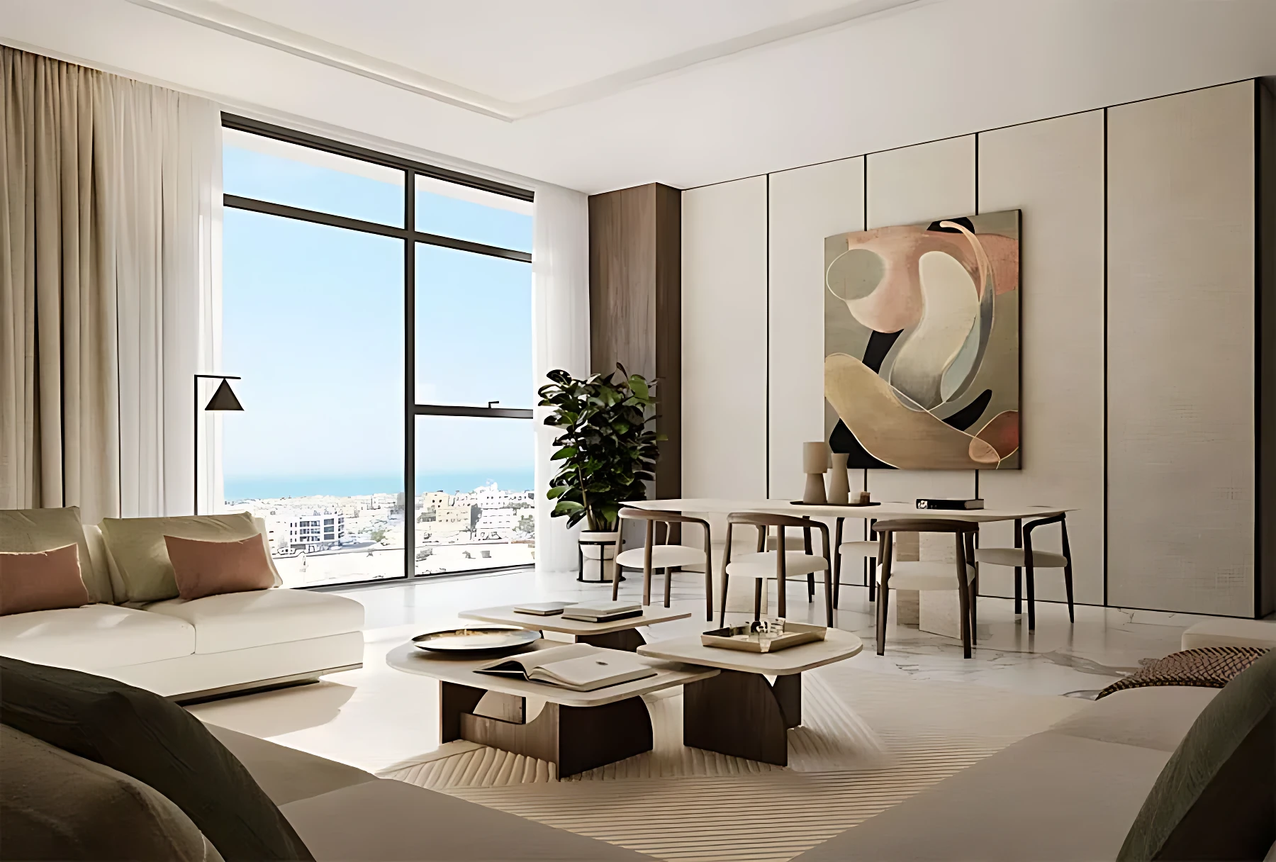A well-lit living room with a large window and a plush couch, creating a warm and welcoming environment.