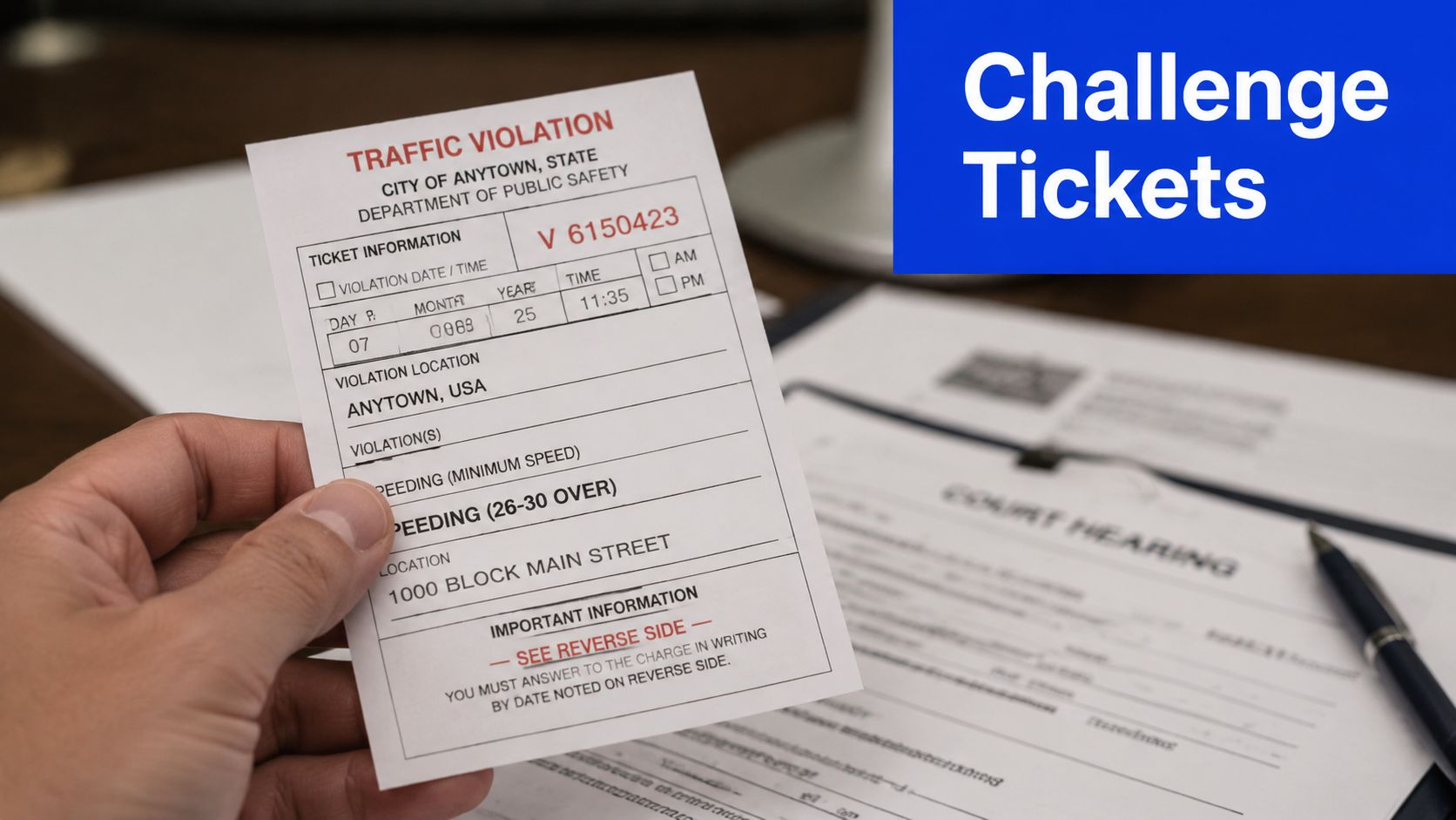 A hand holding a traffic violation ticket labeled with city and violation details against a blurred background.