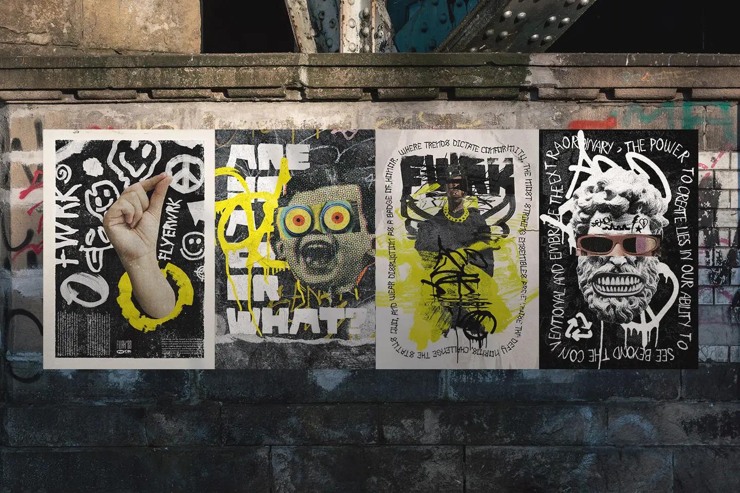 Artistic Toolkit 3 collage poster design examples using graffiti textures and scribbles
