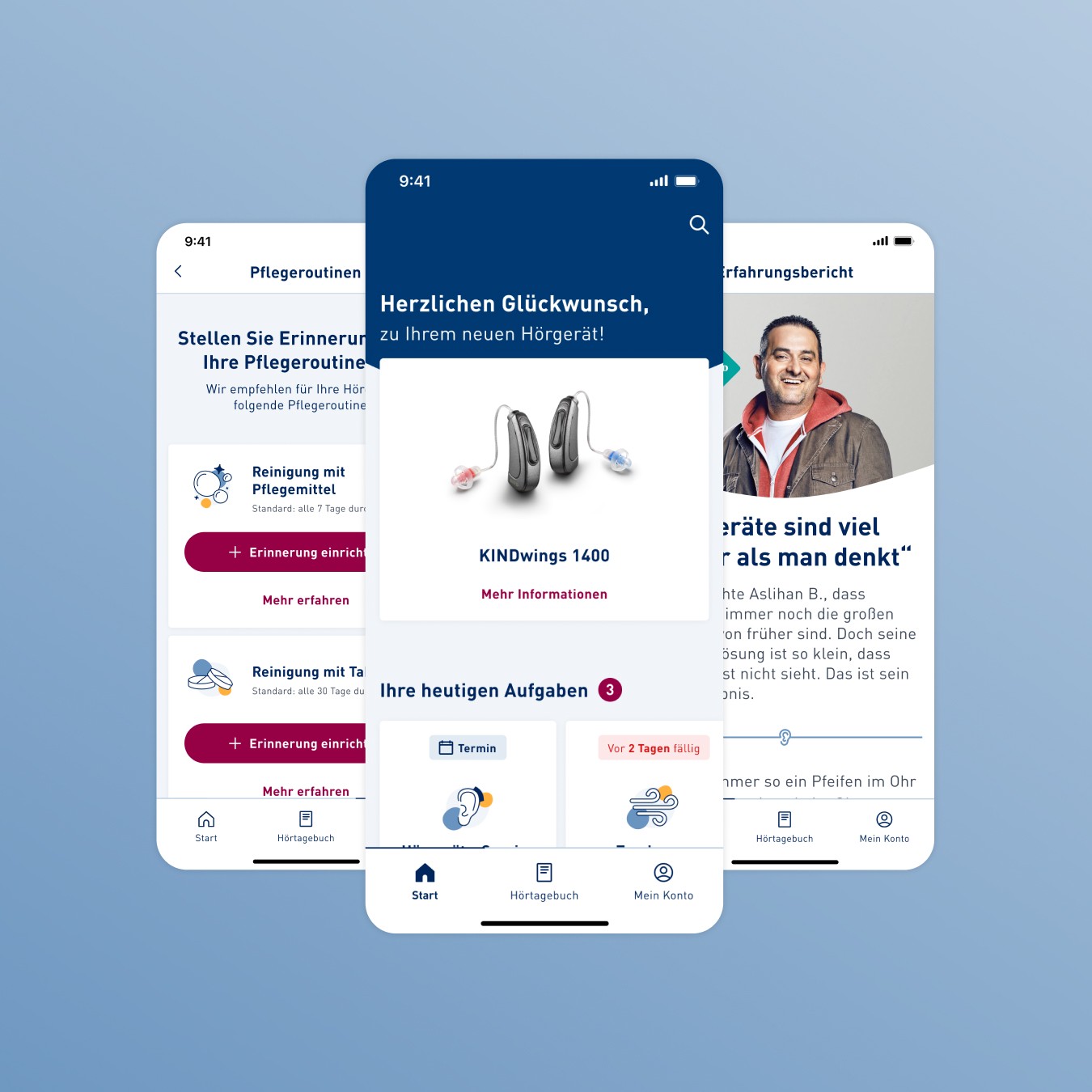 Drei Screens der App von KIND.Mitte: Startseite der App. Links dahitner, Ansicht des Screens für Pflegeroutinen mit Kacheln zu verschiedenen Routinen und Buttons mit der Aufschrift "erinnerung einrichten". Rechts dahinter: Screen mit "Erfahrungsberichten von Kund*innen von KIND".